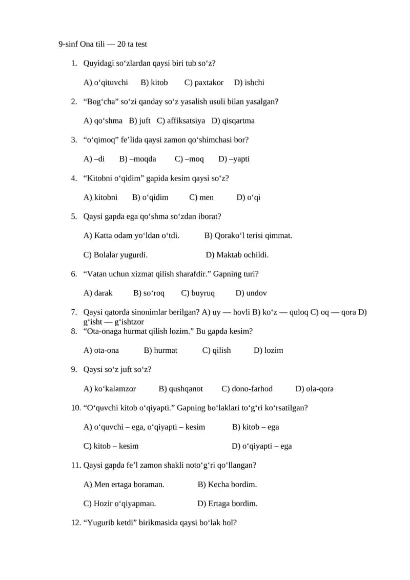 9-sinf Ona tili — 20 ta test 1