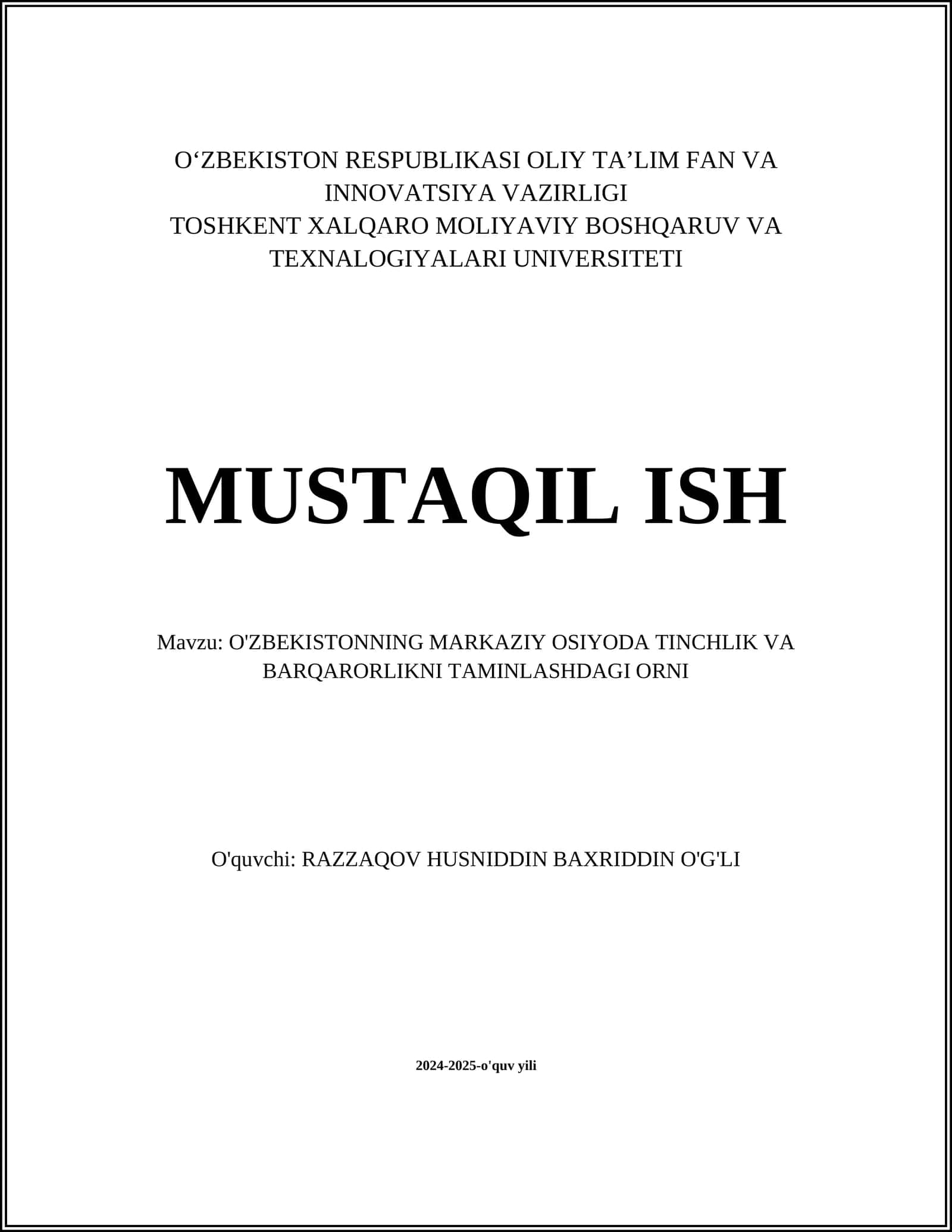 O'ZBEKISTONNING MARKAZIY OSIYODA TINCHLIK VA BARQARORLIKNI TAMINLASHDAGI ORNI 1