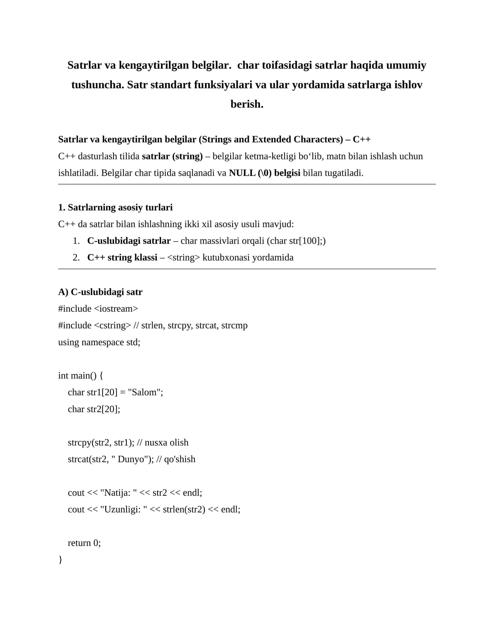 Satrlar va kengaytirilgan belgilar (Strings and Extended Characters) – C++ 1