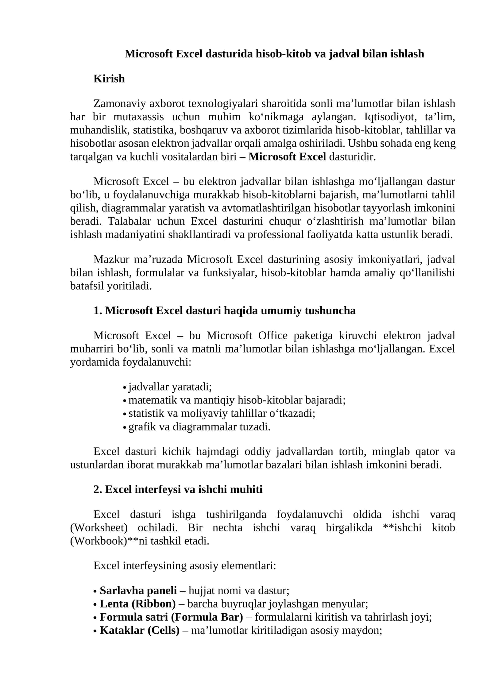 Microsoft Excel dasturida hisob-kitob va jadval bilan ishlash 1