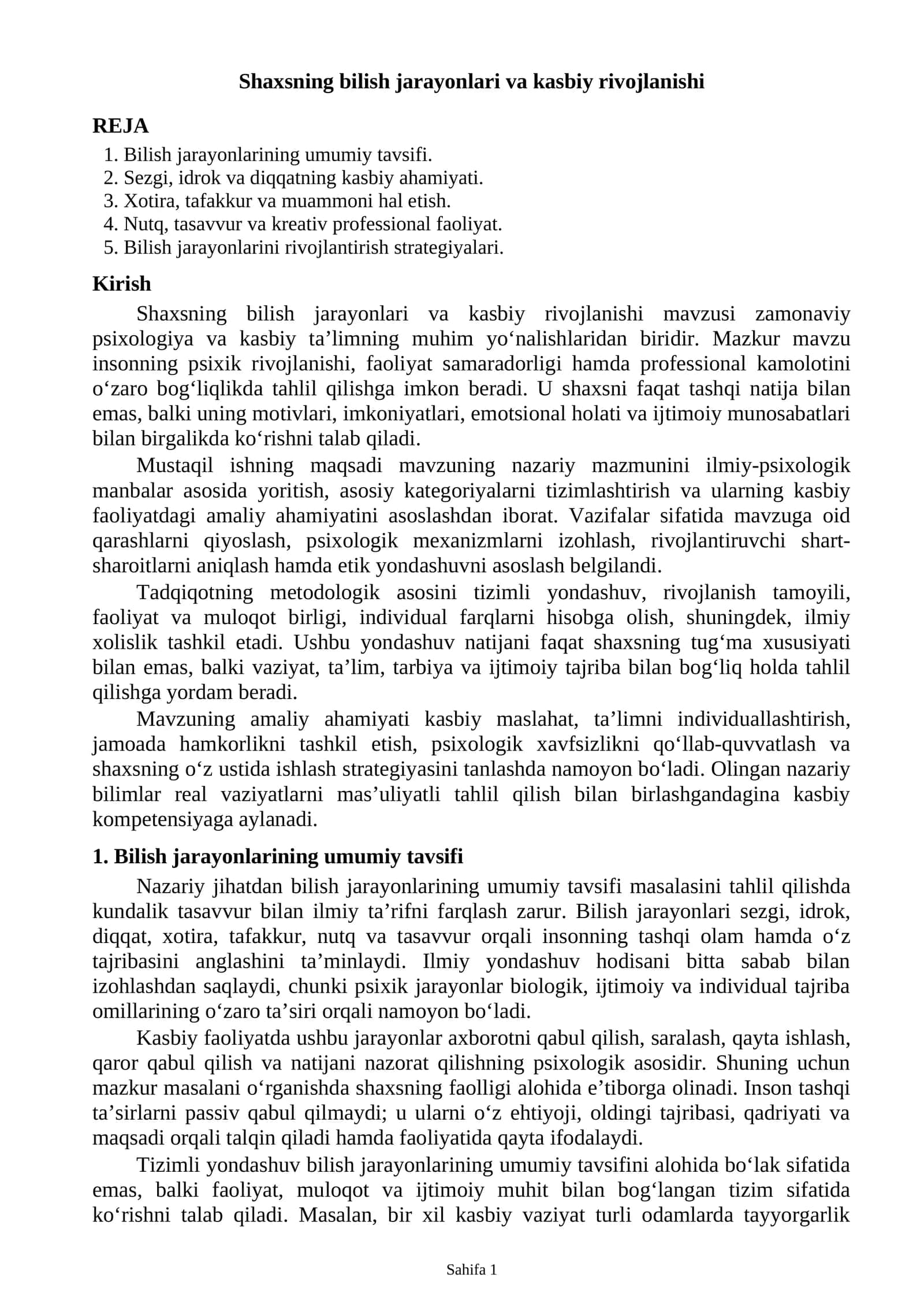 Shaxsning bilish jarayonlari va kasbiy rivojlanishi 1