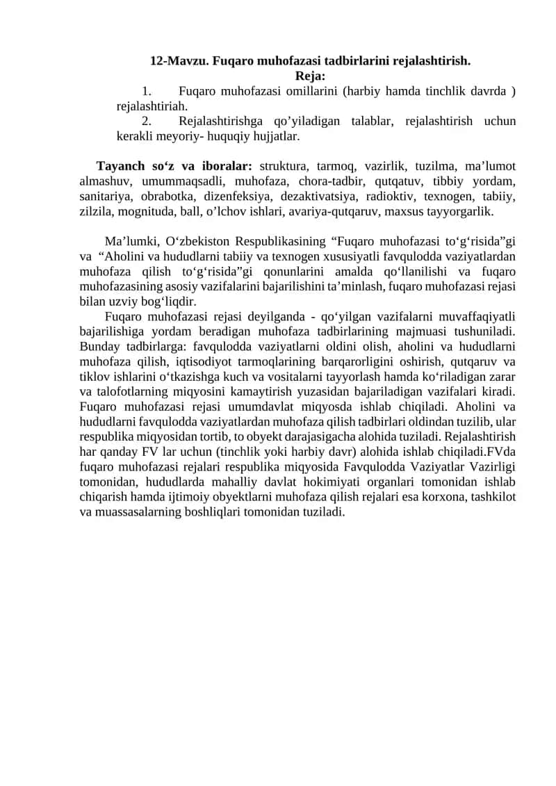 Fuqaro muhofazasi tadbirlarini rejalashtirish 1