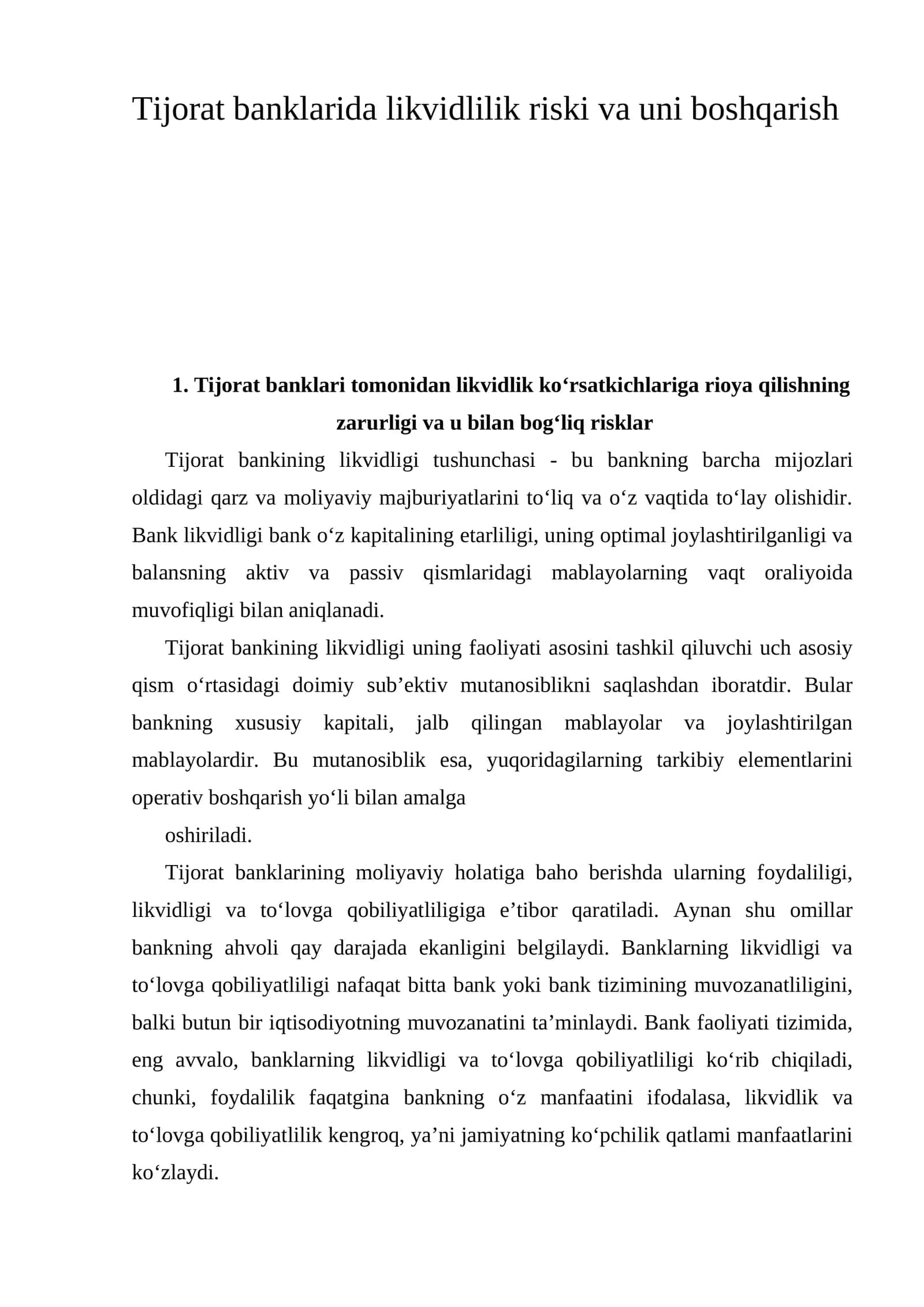 Tijorat banklarida likvidlilik riski va uni boshqarish 1