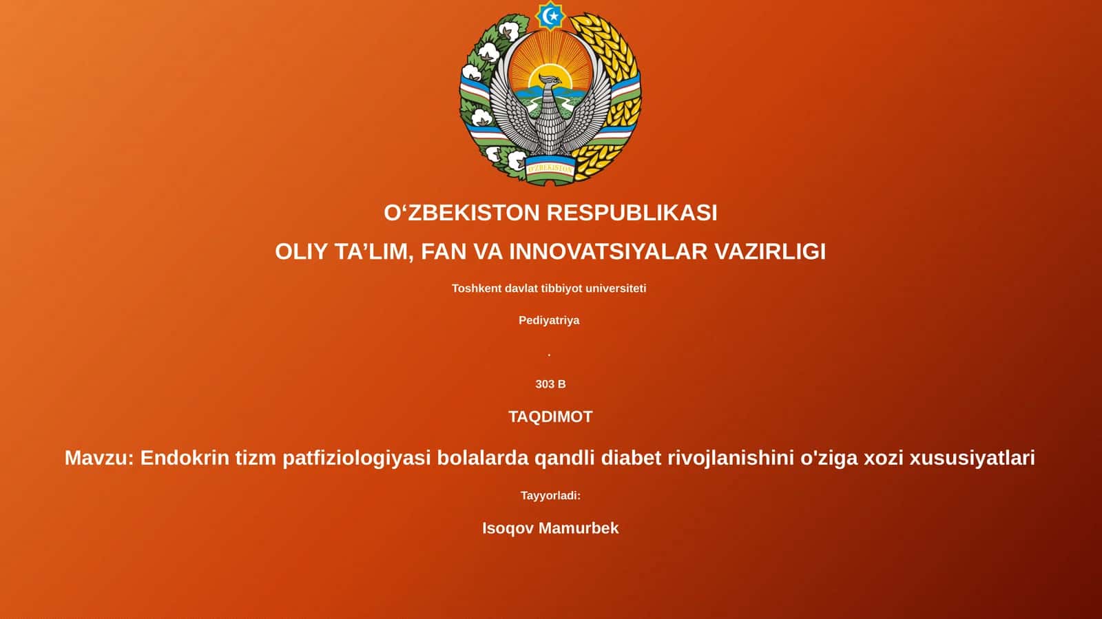 Endokrin tizm patfiziologiyasi bolalarda qandli diabet rivojlanishini o'ziga xozi xususiyatlari 1