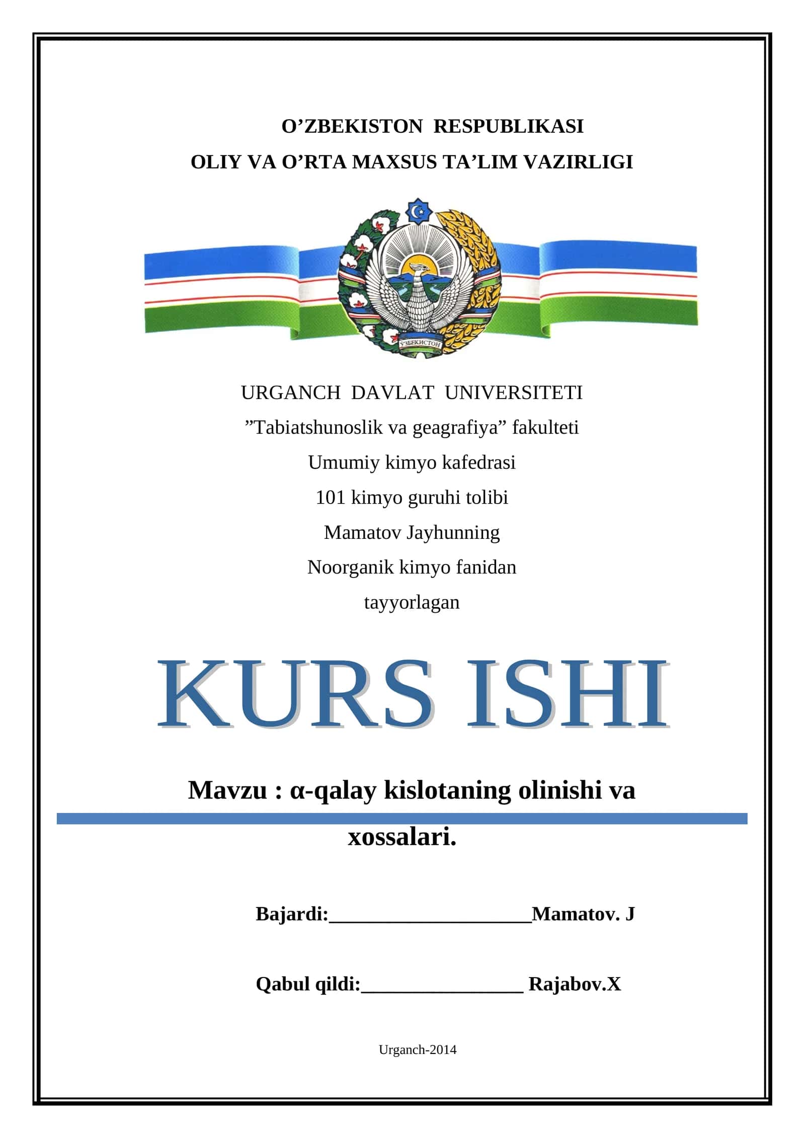 α-qalay kislotaning olinishi va xossalari 1