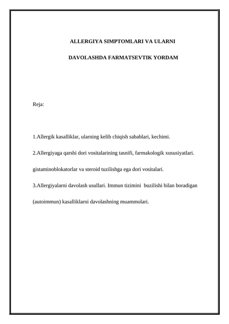 ALLERGIYA SIMPTOMLARI VA ULARNI DAVOLASHDA FARMATSEVTIK YORDAM 1