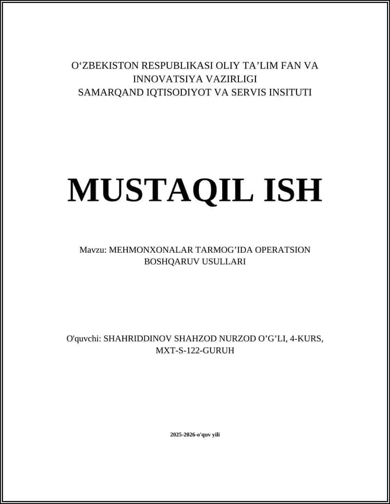Mehmonxonalar tarmoqida operatsion boshqaruv usullari 1
