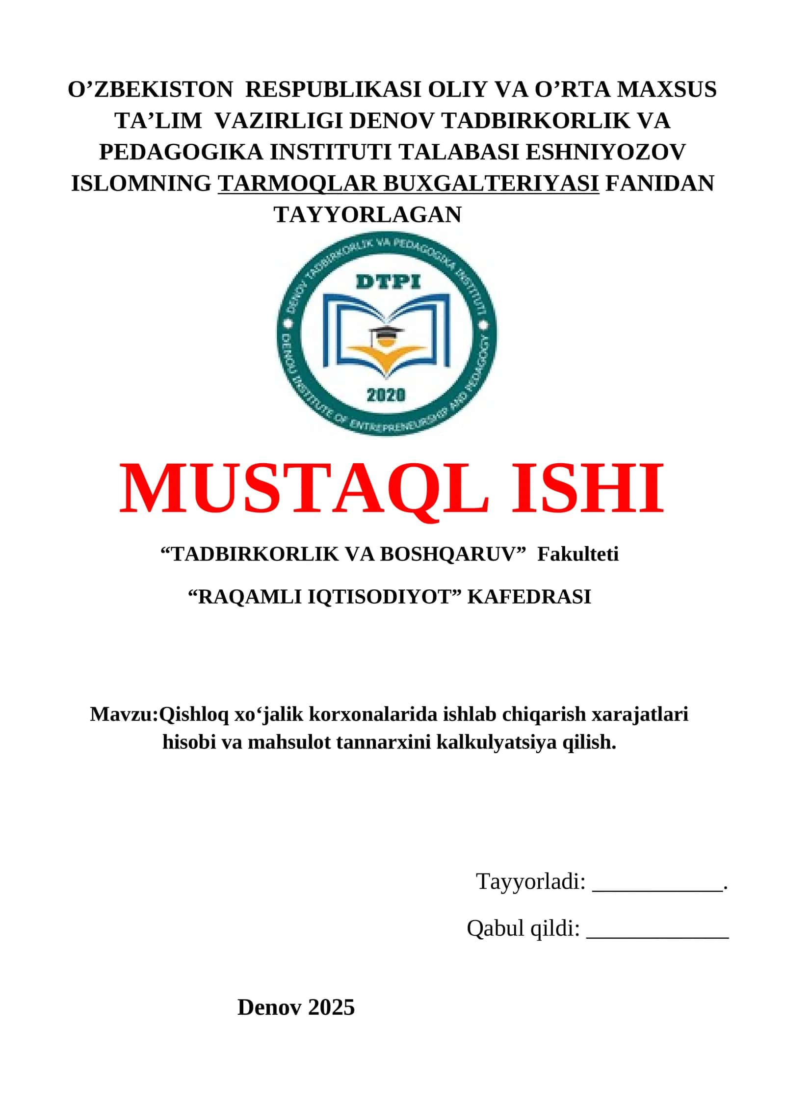 Qishloq xo‘jalik korxonalarida ishlab chiqarish xarajatlari hisobi va mahsulot tannarxini kalkulyatsiya 1