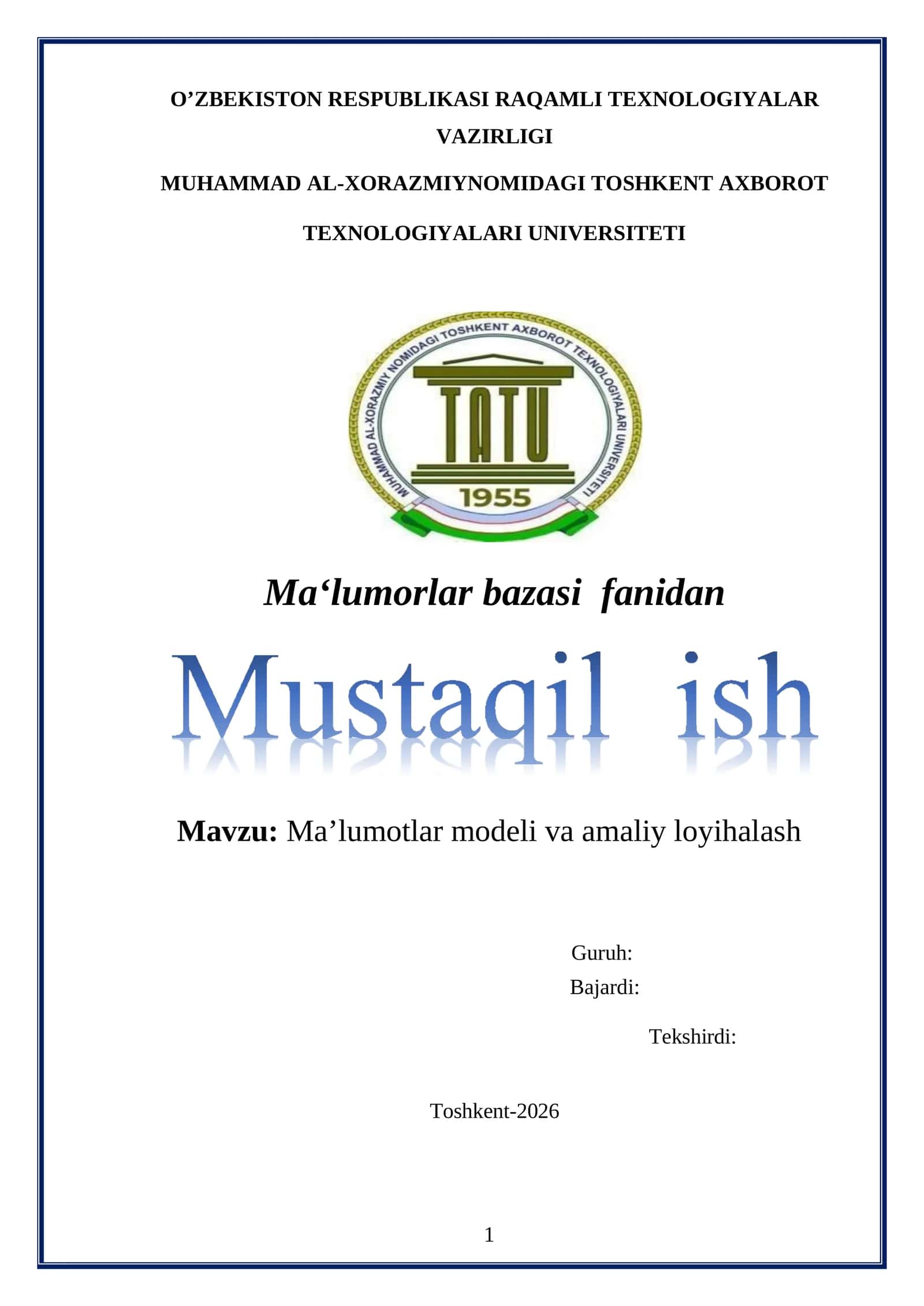 Ma’lumotlar modeli va amaliy loyihalash 1