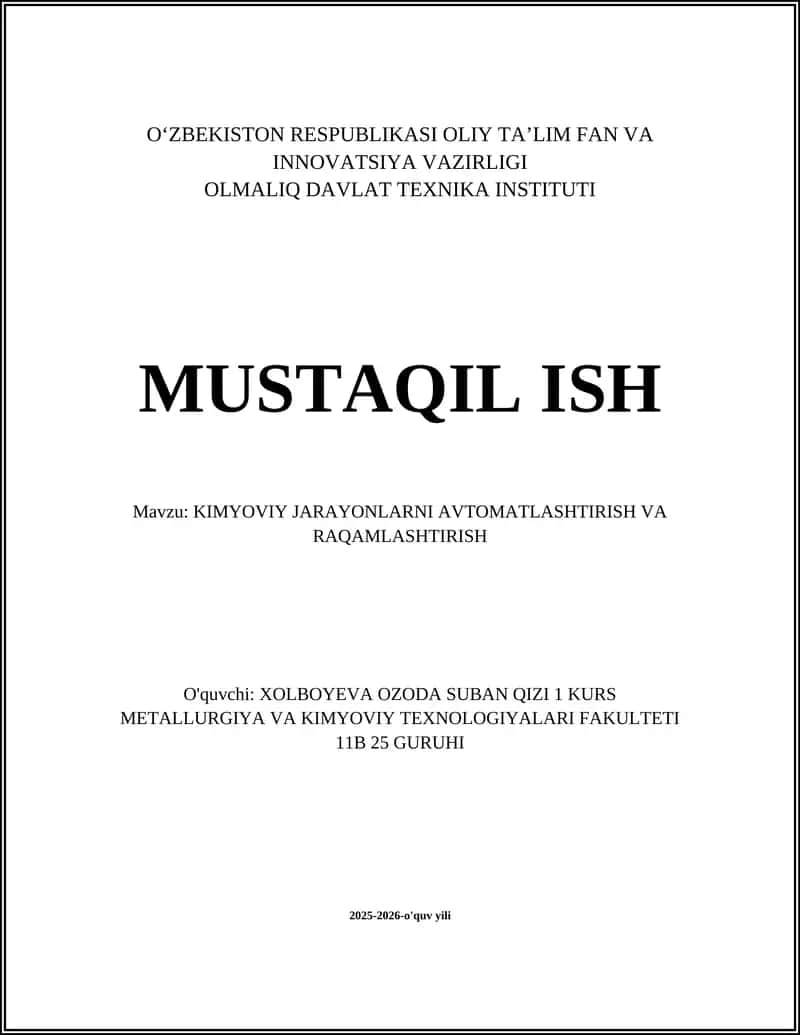 KIMYOVIY JARAYONLARNI AVTOMATLASHTIRISH VA RAQAMLASHTIRISH 1