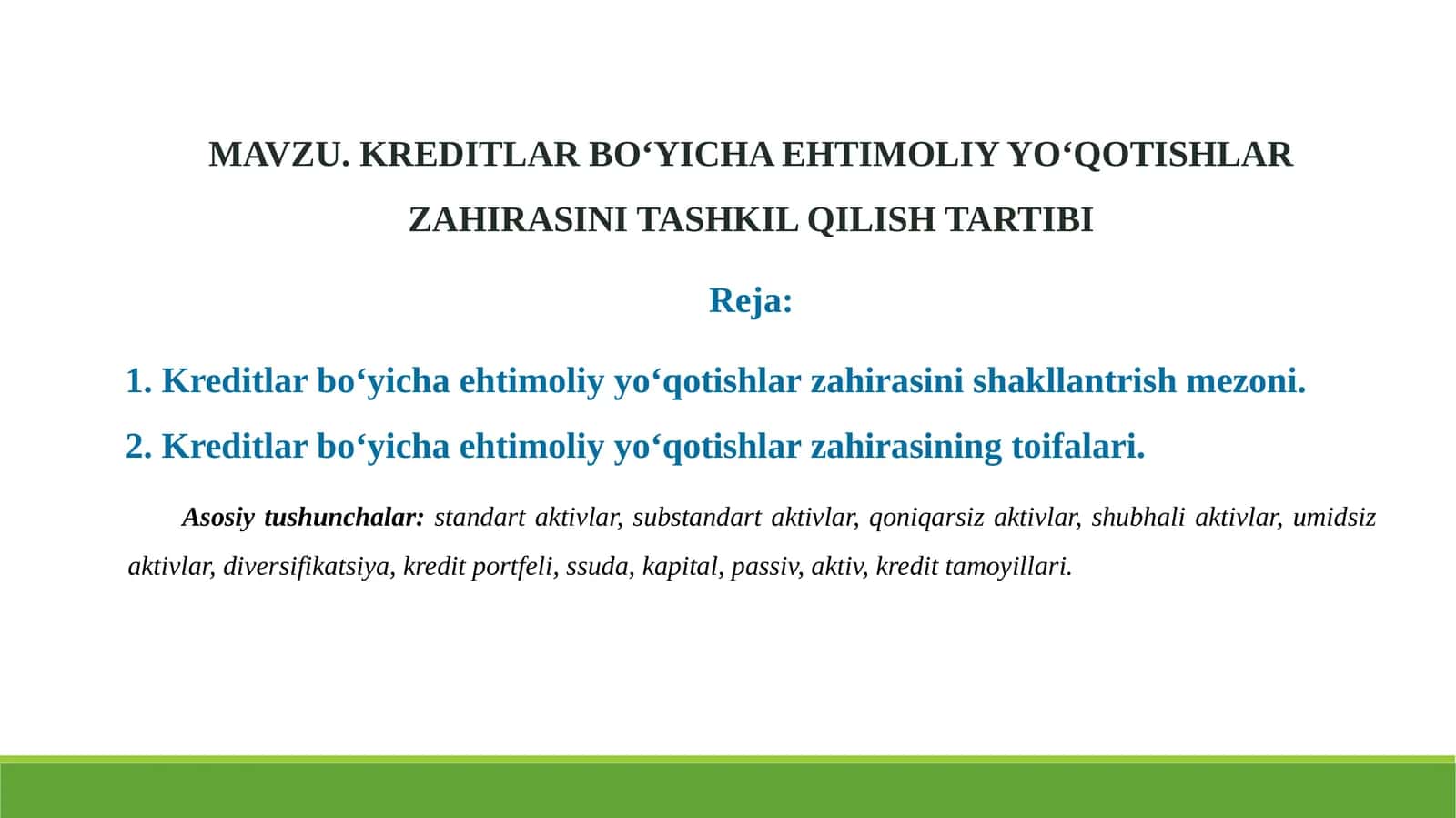 KREDITLAR BOʻYICHA EHTIMOLIYYOʻ QOTISHLAR ZAHIRASINI TASHKIL QILISH TARTIBI 1