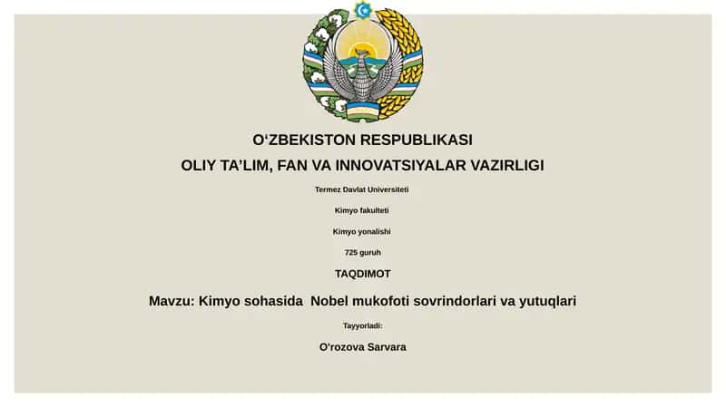 Kimyo sohasida Nobel mukofoti sovrindorlari va yutuqlari 1