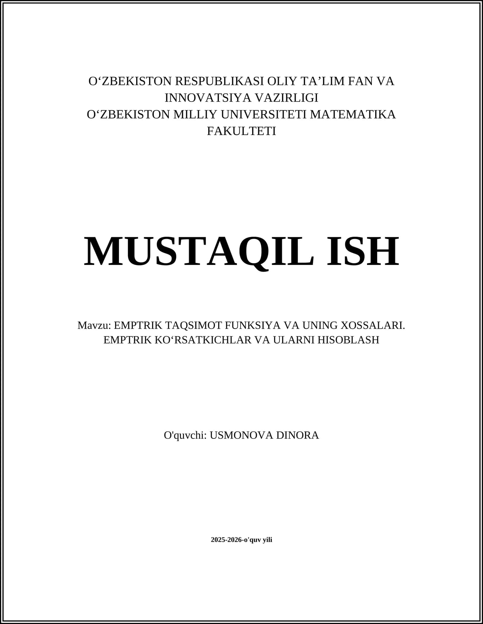 EMPTRIK TAQSIMOT FUNKSIYA VA UNING XOSSALARI. EMPTRIK KOʻRSATKICHLAR VA ULARNI HISOBLASH 1