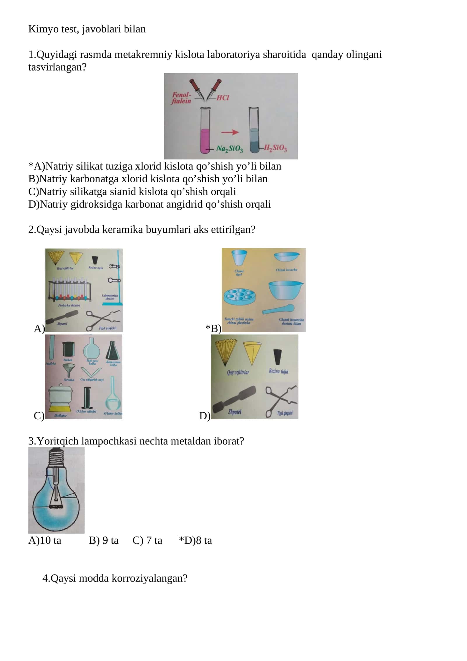 Kimyo test, javoblari bilan 1