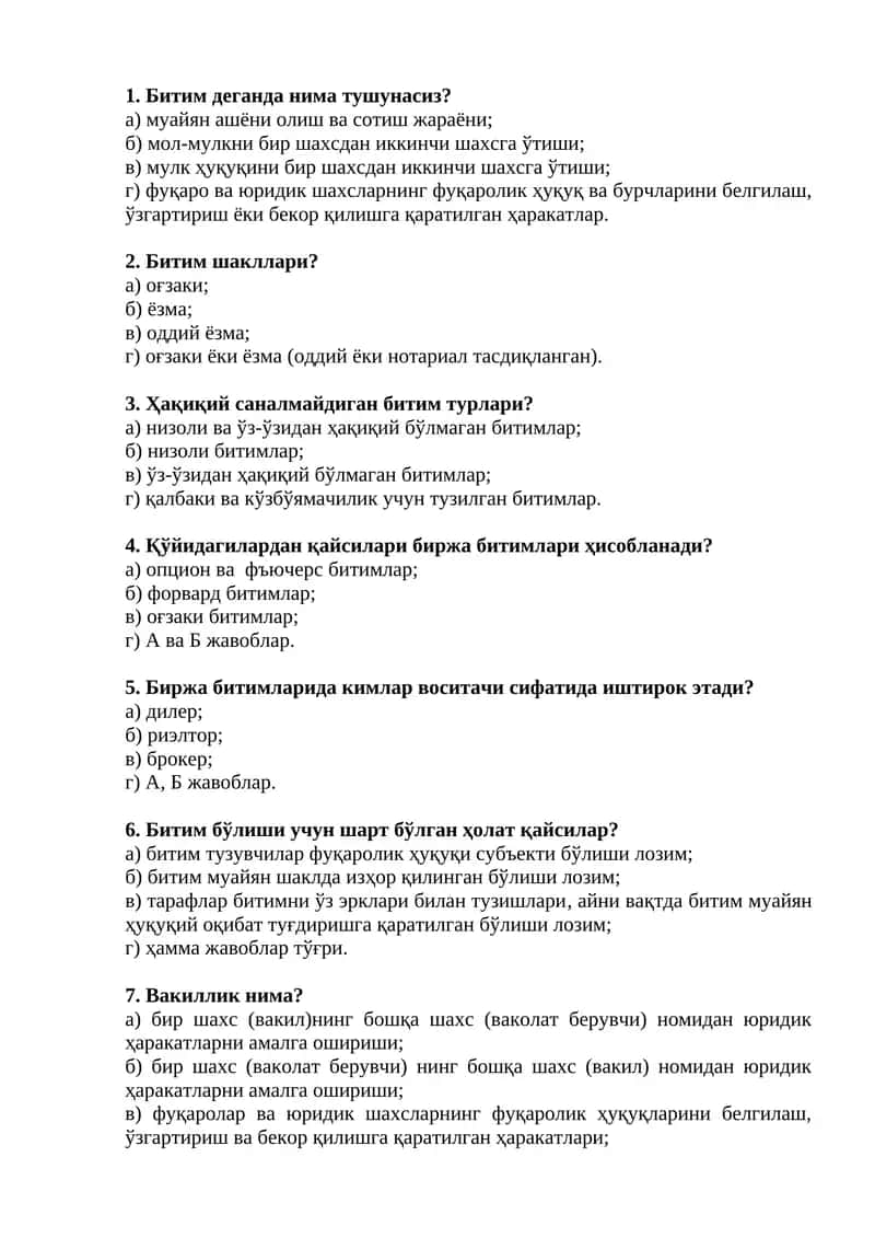 Fuqarolik huquqi testlar 1