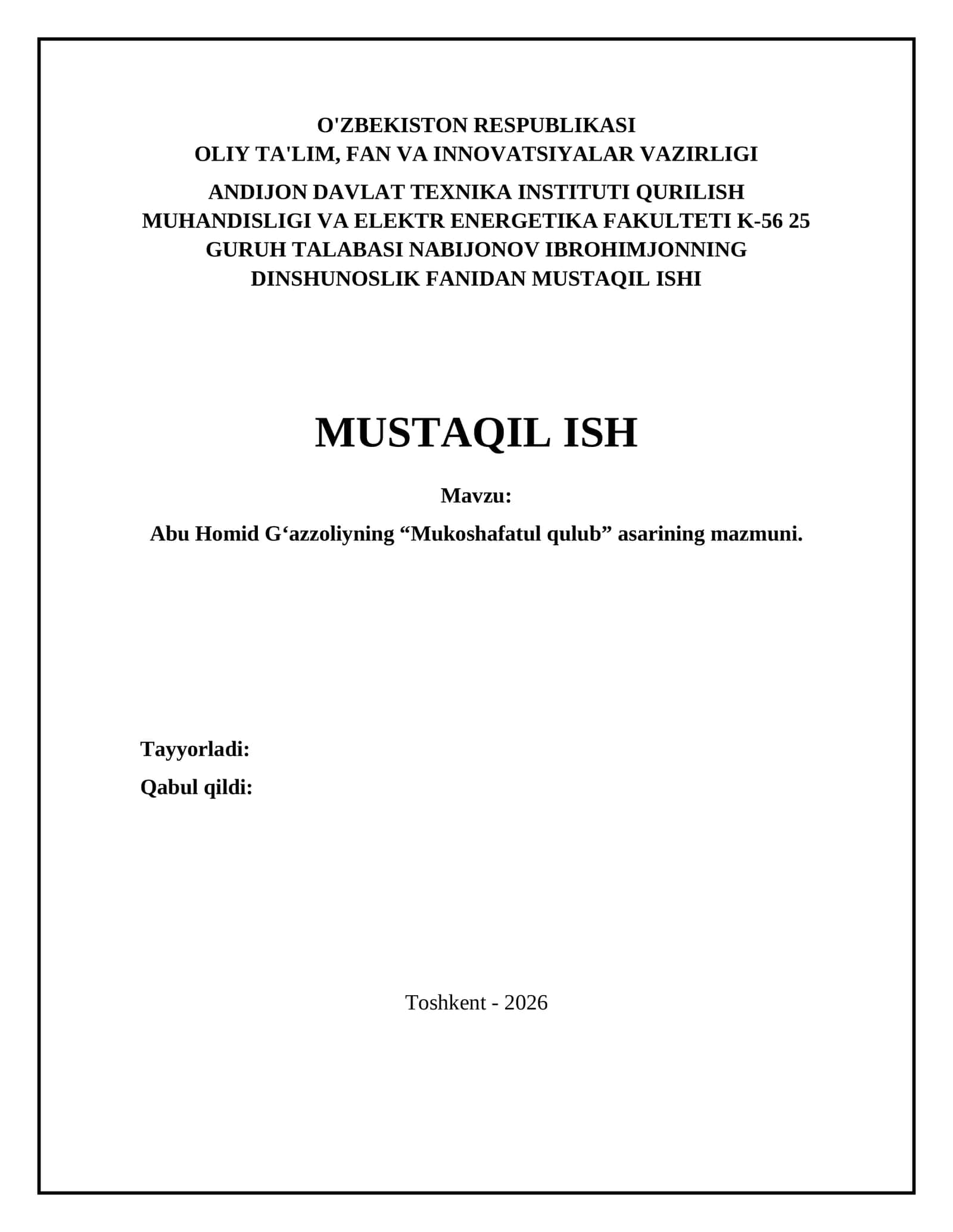 Abu Homid Gʻazzoliyning “Mukoshafatul qulub” asarining mazmuni 1