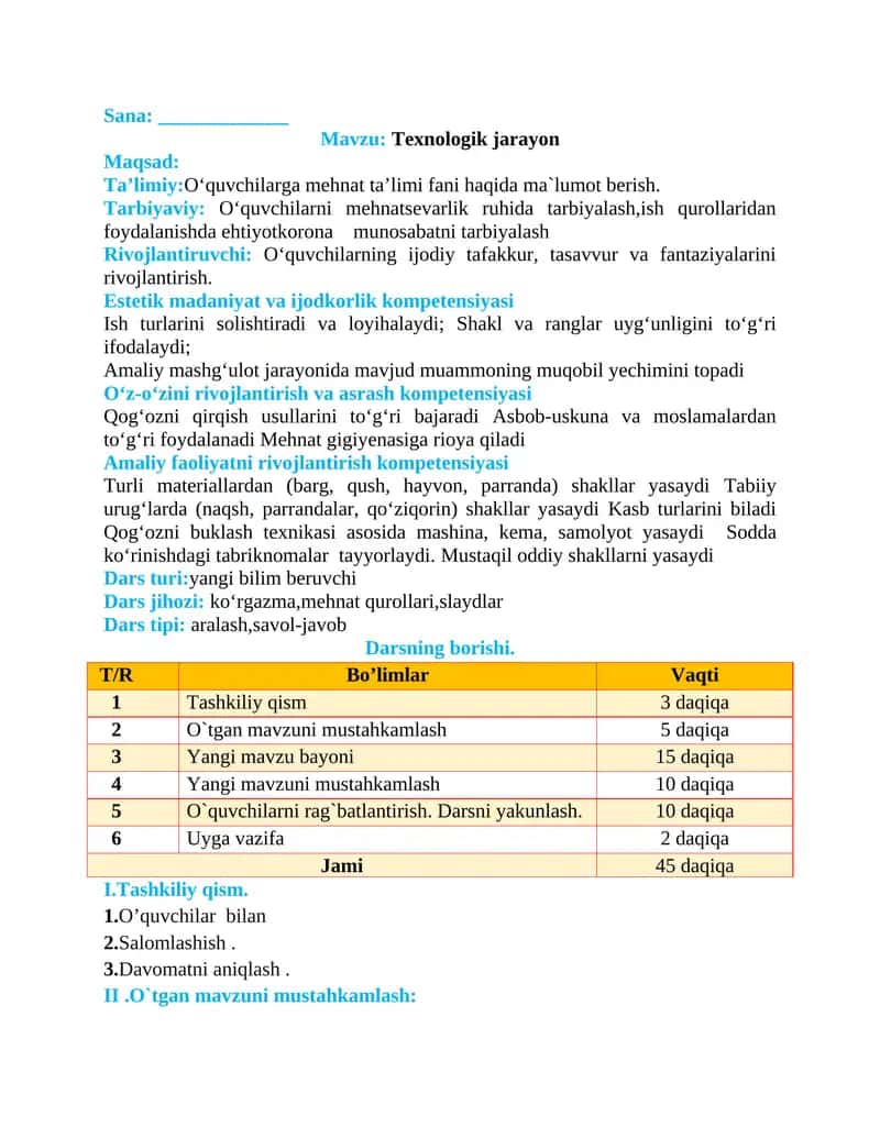 1-sinf Texnologiya fanidan Texnologik jarayon dars ishlanmasi 1