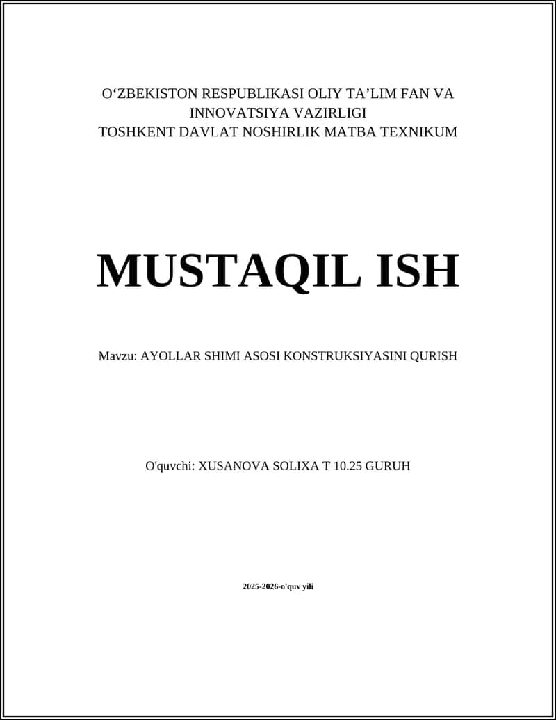 AYOLLAR SHIMI ASOSI KONSTRUKSIYASINI QURISH 1