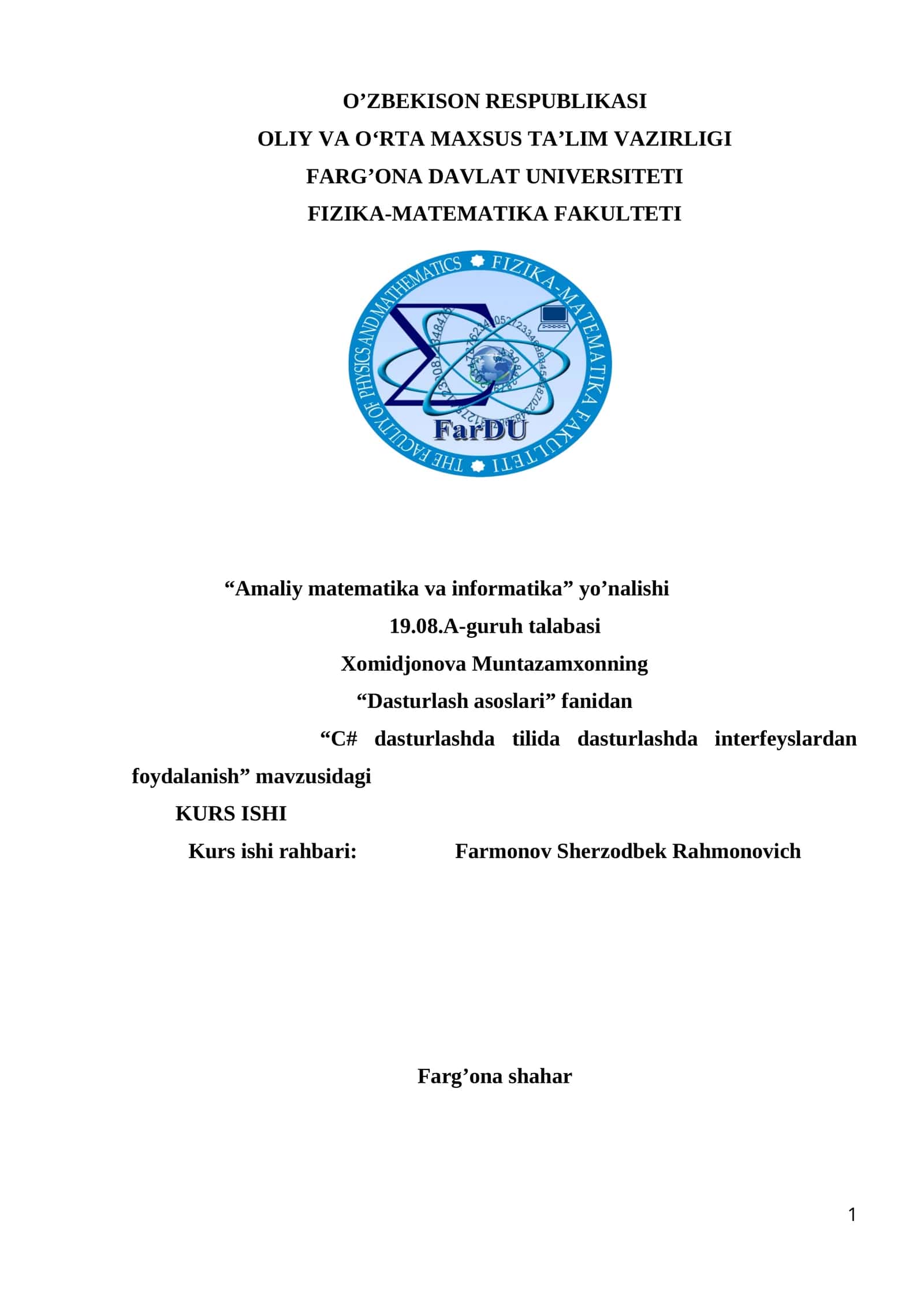 “C# dasturlashda tilida dasturlashda interfeyslardan foydalanish” 1