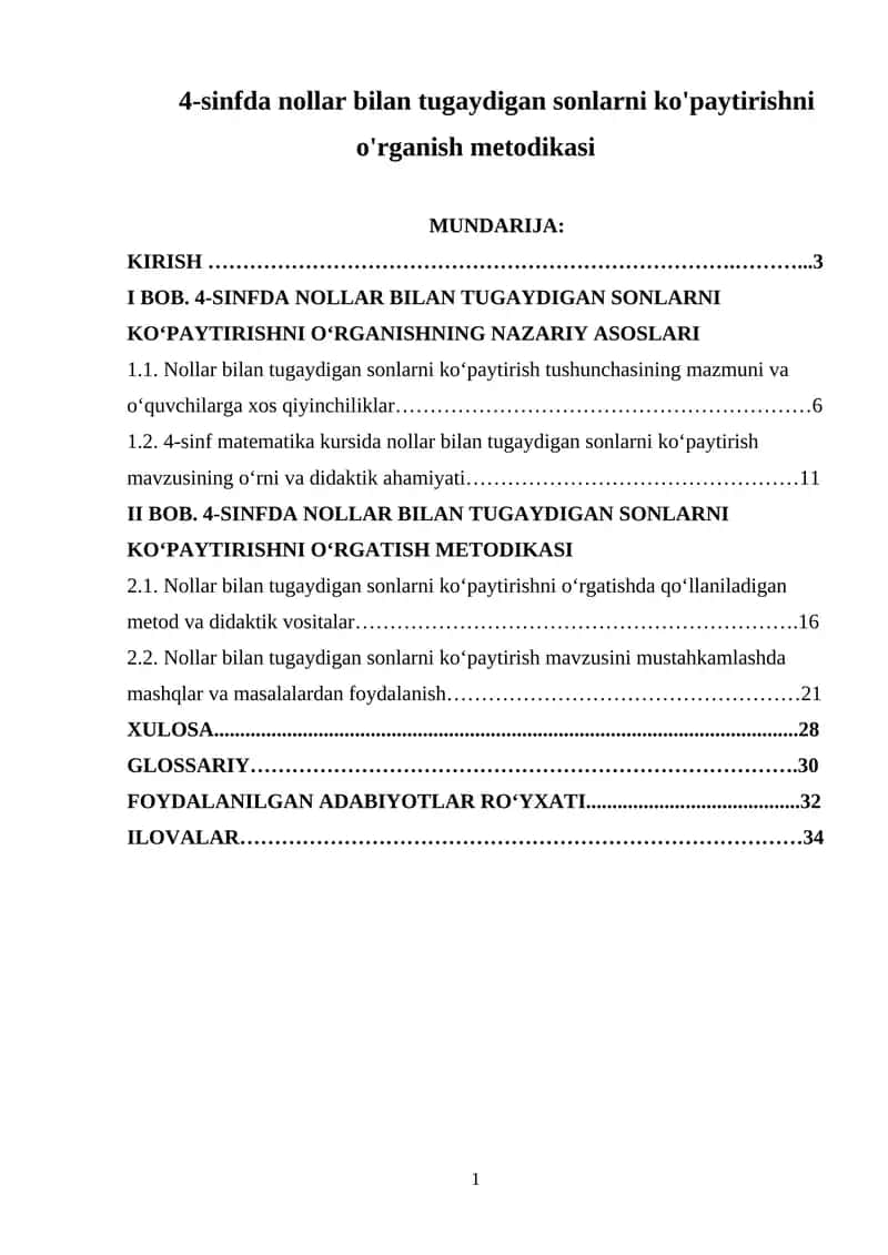 4-sinfda nollar bilan tugaydigan sonlarni ko'paytirishni o'rganish metodikasi 1