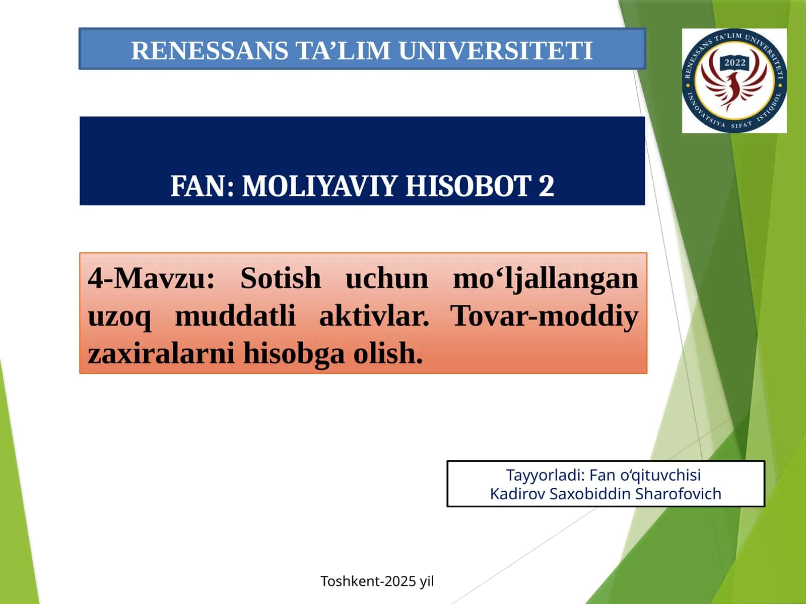 Sotish uchun mo‘ljallangan uzoq muddatli aktivlar. Tovar-moddiy zaxiralarni hisobga olish 1