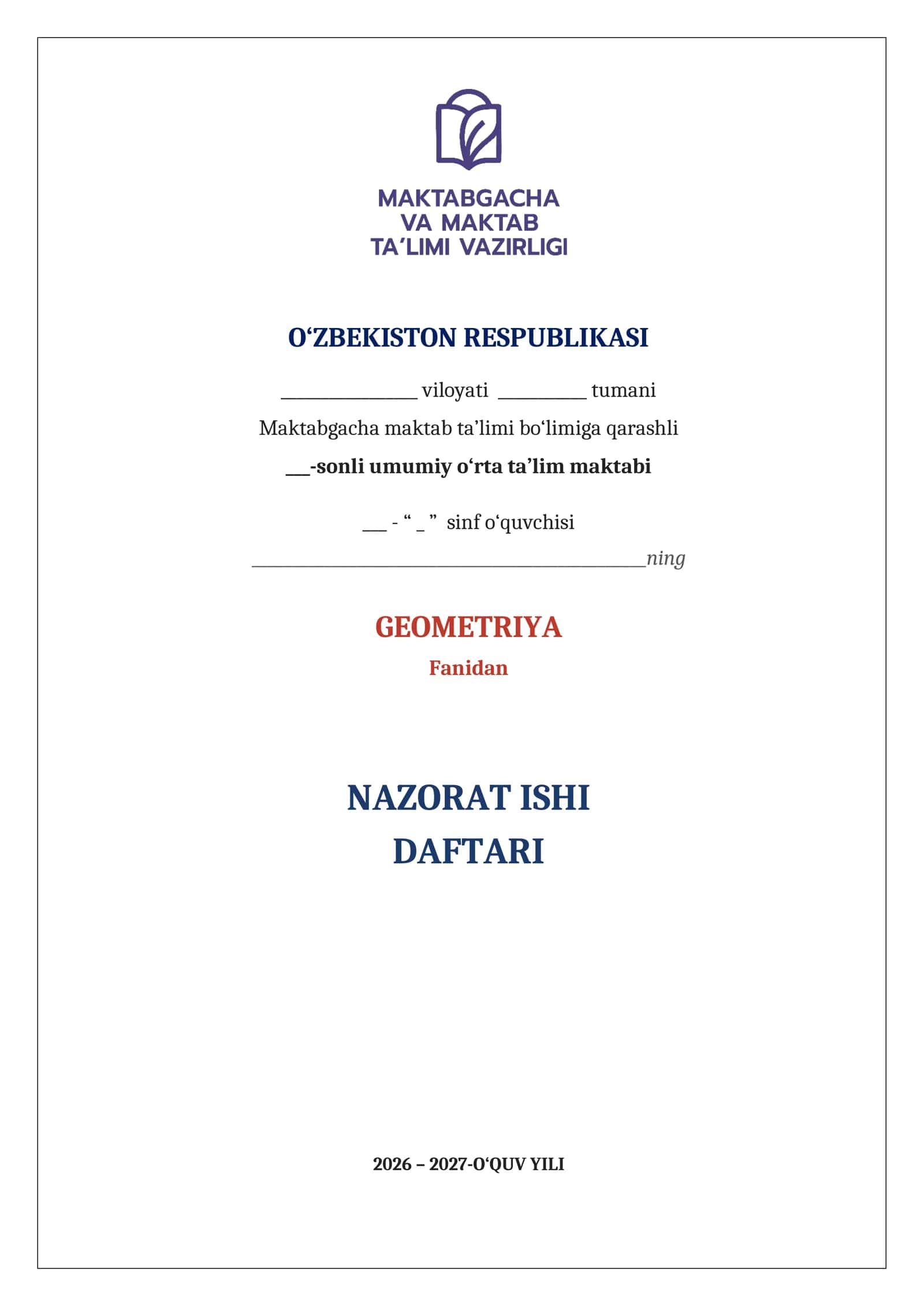 7-SINF GEOMETRIYA FANIDAN NAZORAT ISHLARI TO'PLAMI 1
