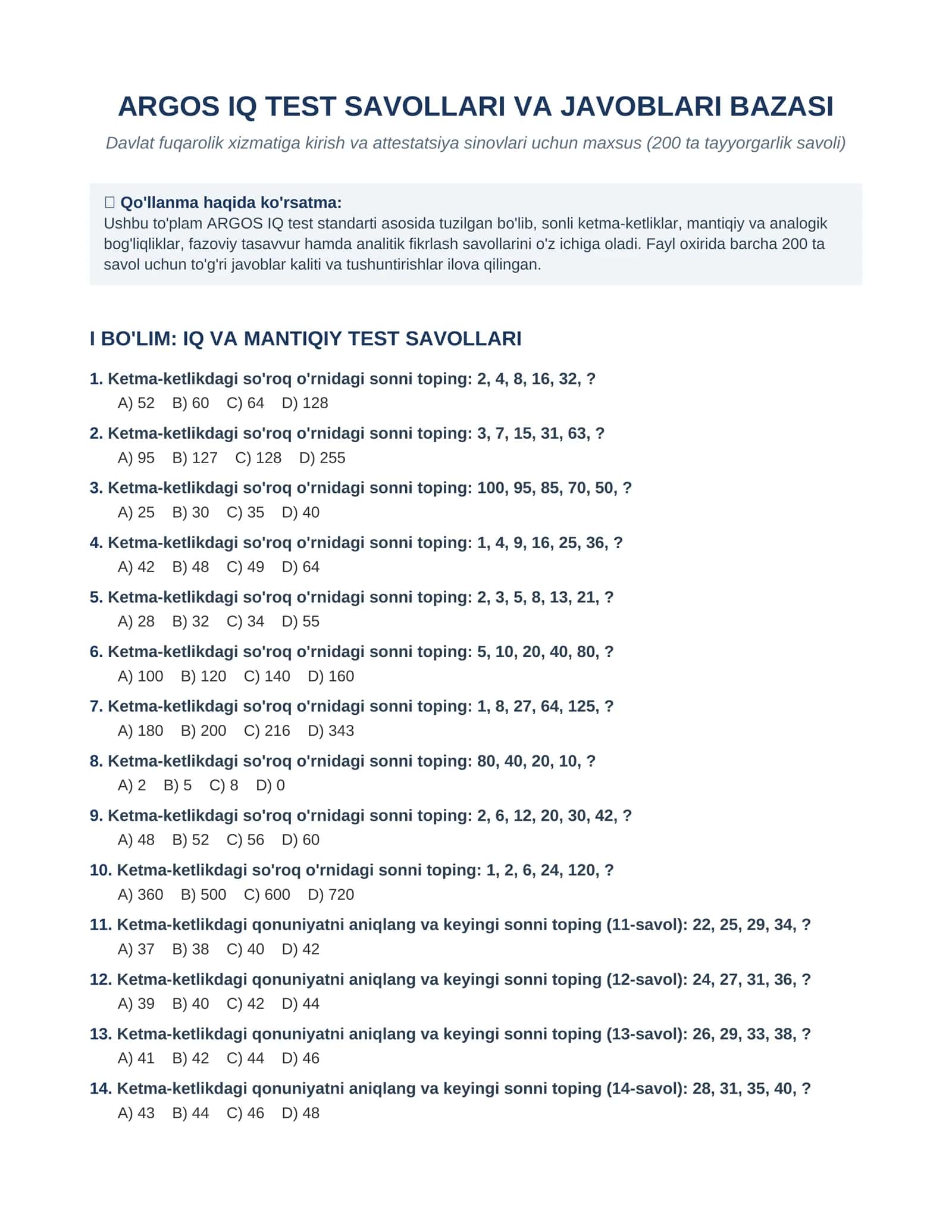 ARGOS IQ Test Savollari va To'liq Javoblari (Davlat xizmatchilari uchun) 1