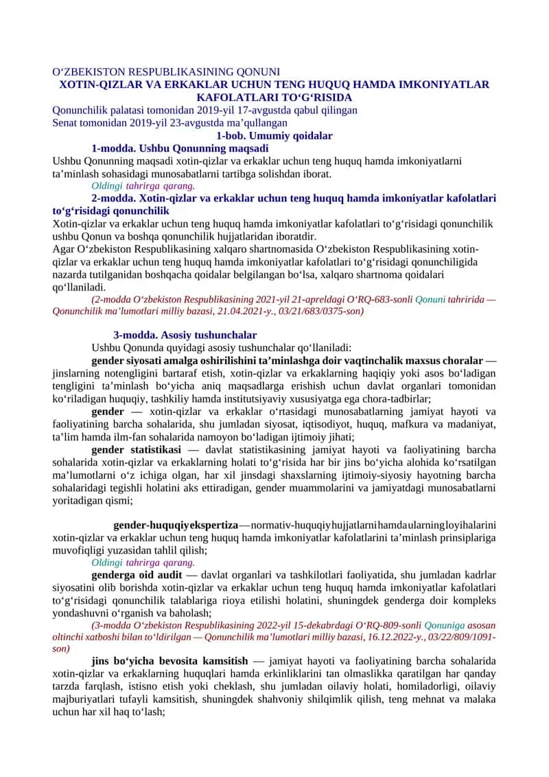 XOTIN-QIZLAR VA ERKAKLAR UCHUN TENG HUQUQ HAMDA IMKONIYATLAR KAFOLATLARI TO‘G‘RISIDA 1