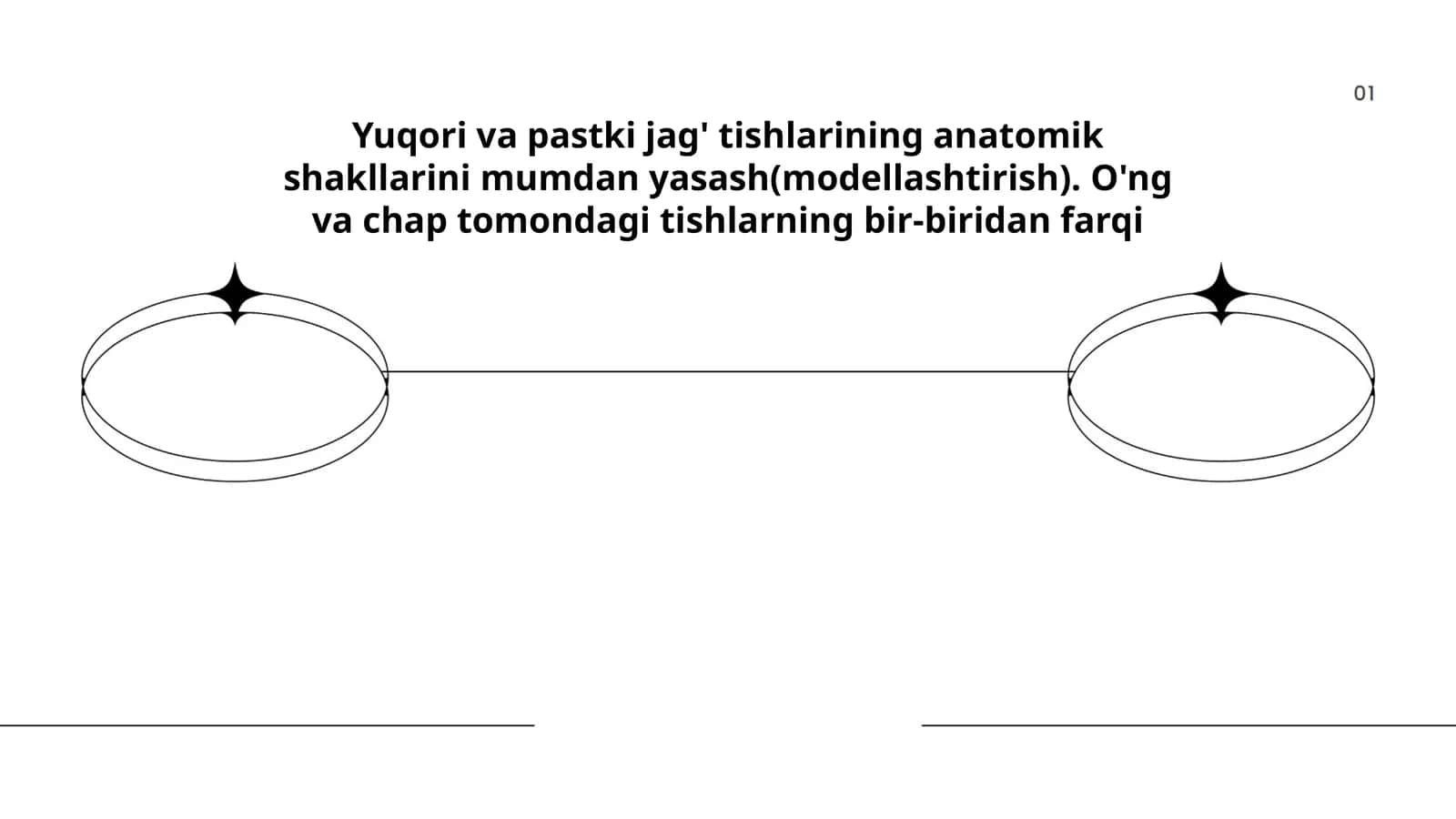 Yuqori va pastki jag' tishlarining anatomik shakllarini mumdan yasash(modellashtirish). O'ng va chap tomondagi tishlarning bir-biridan farqi 1
