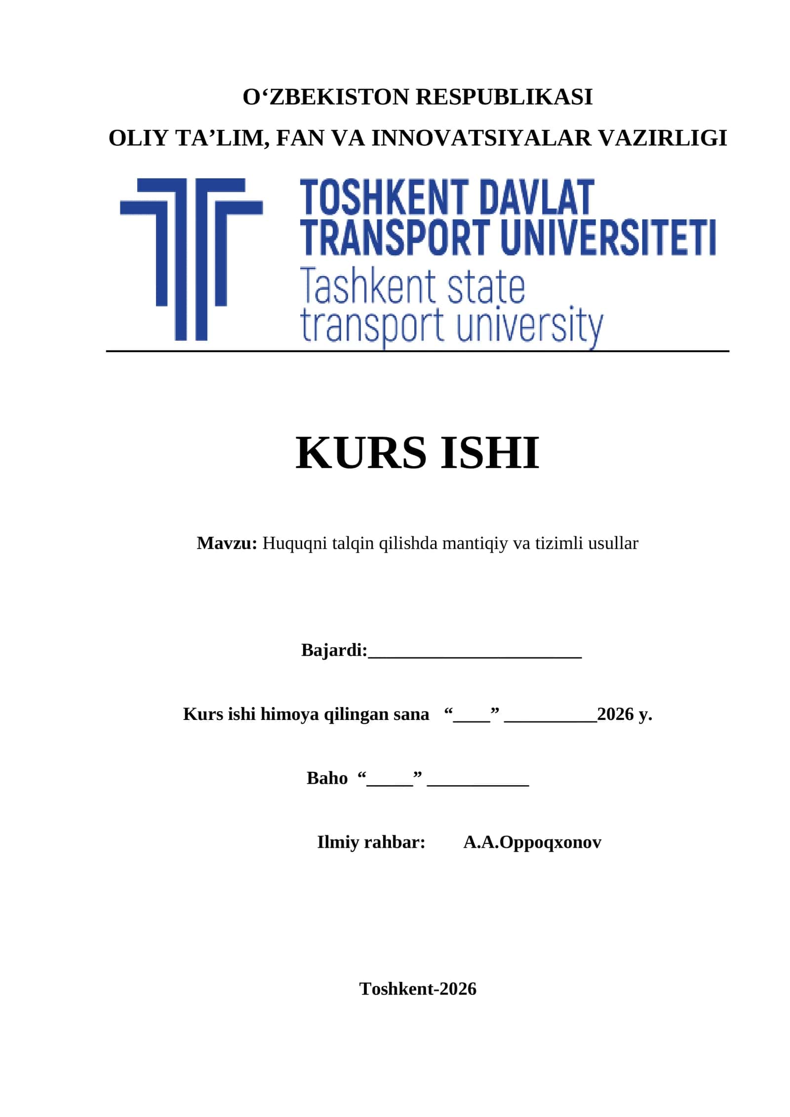 Huquqni talqin qilishda mantiqiy va tizimli usullar kurs ishi 1