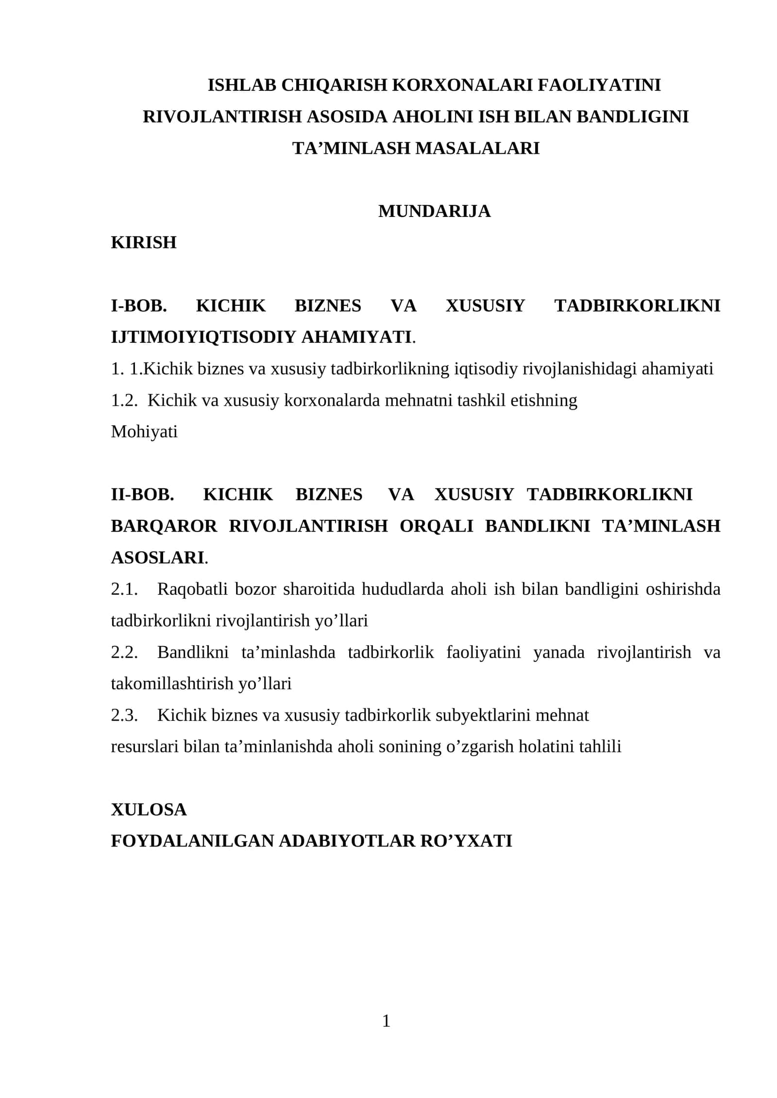 Ishlab chiqarish korxonalari faoliyatini rivojlantirish asosida aholini ish bilan bandligini taʼminlash masalalari 1