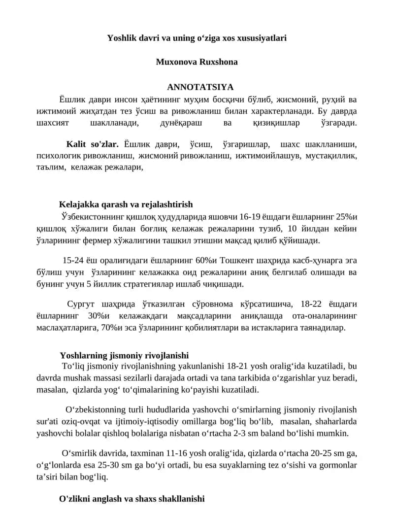 Yoshlik davri va uning oʻziga xos xususiyatlari 1