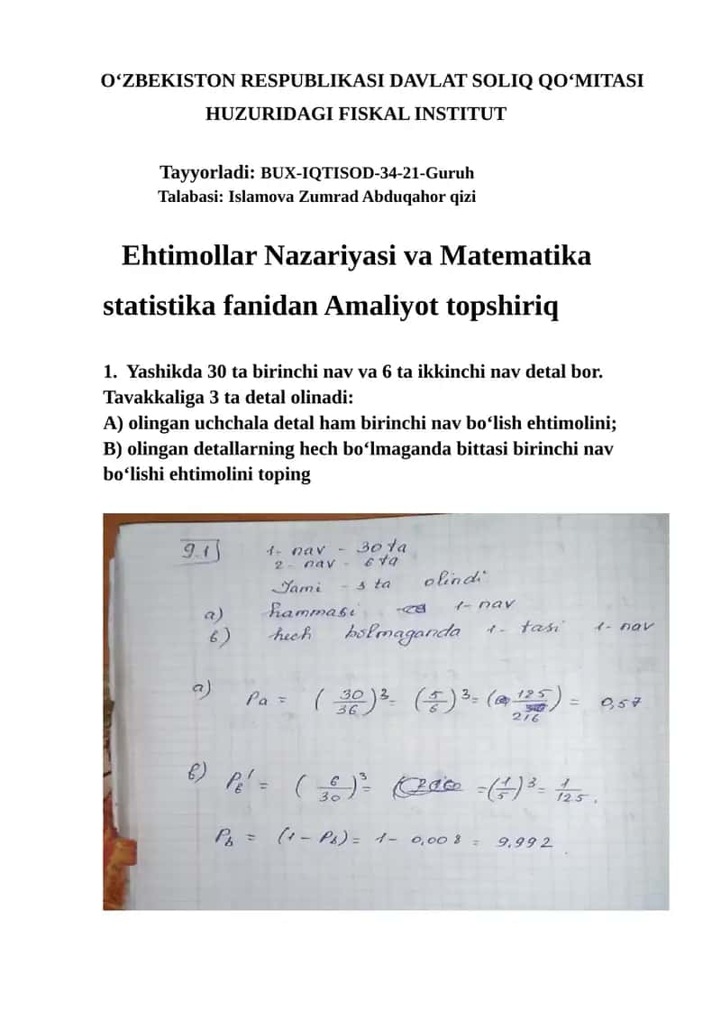 Ehtimollar Nazariyasi va Matematika statistika fanidan Amaliyot topshiriq 1