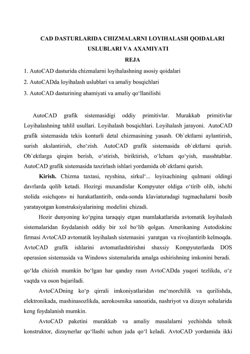 CAD DASTURLARIDA CHIZMALARNI LOYIHALASH QOIDALARI USLUBLARI VA AXAMIYATI 1
