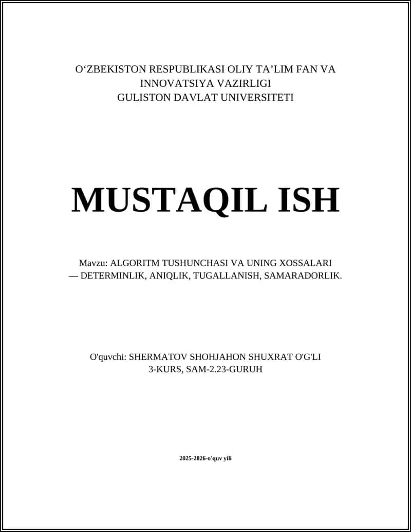 ALGORITM TUSHUNCHASI VA UNING XOSSALARI 1