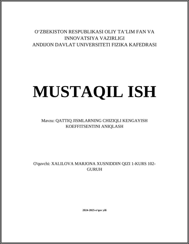 QATTIQ JISMLARNING CHIZIQLI KENGAYISH KOEFFITSENTINI ANIQLASH 1