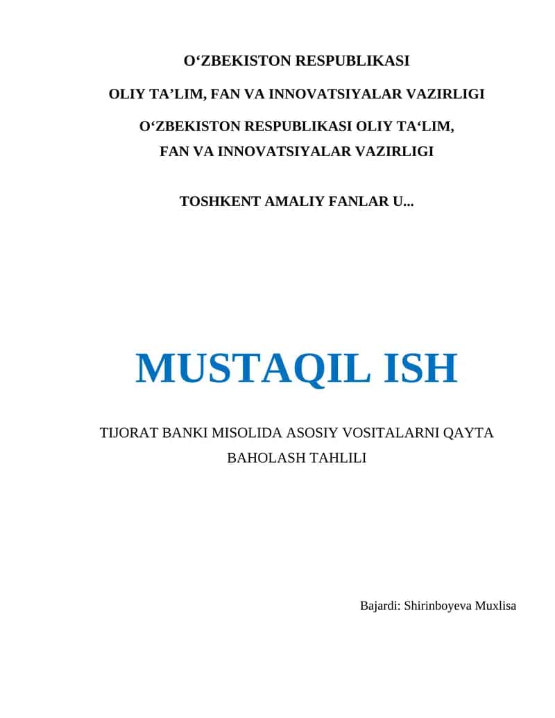 Tijorat banki misolida asosiy vositalarni qayta baholash tahlili 1