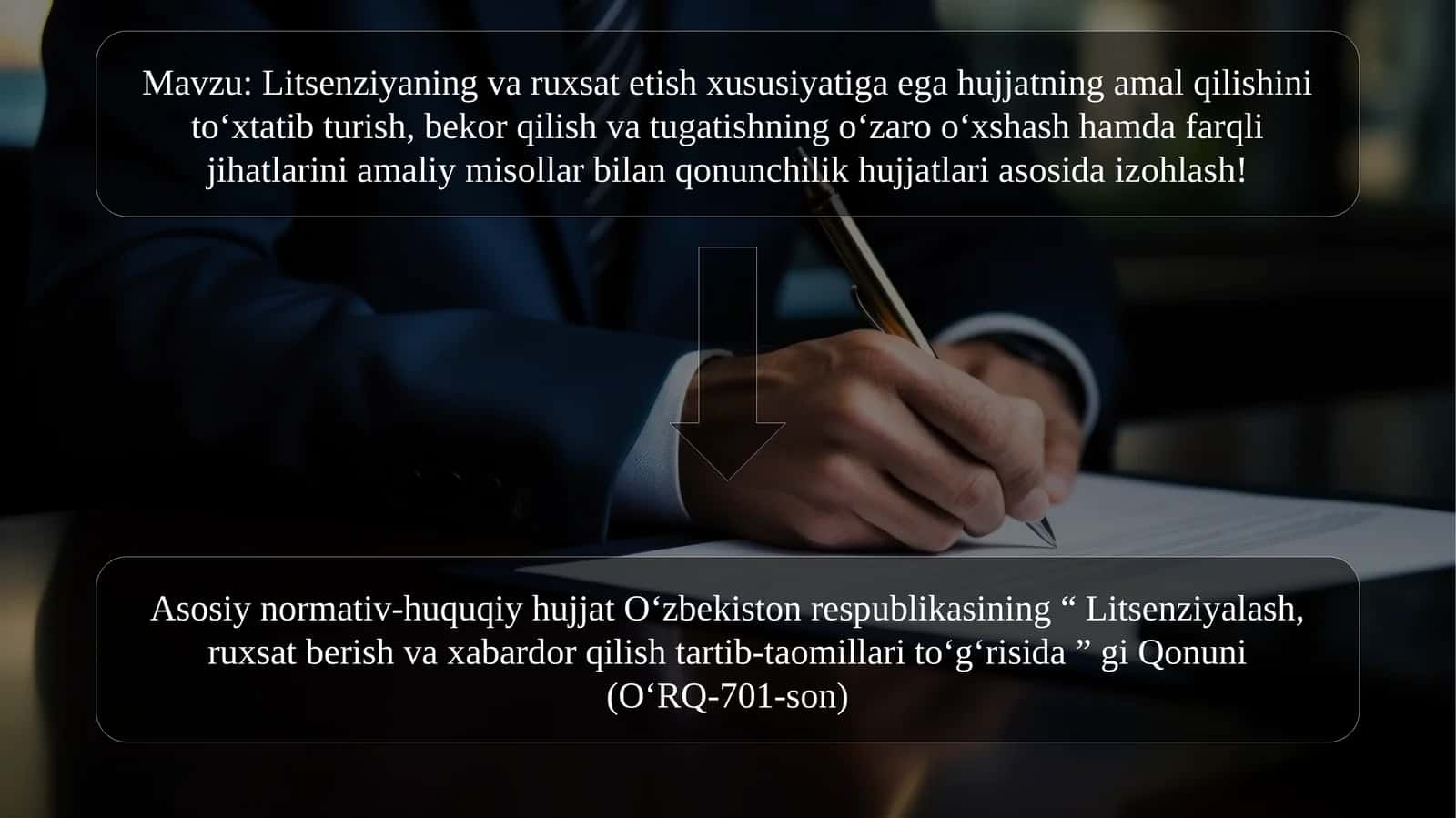Litsenziyaning va ruxsat etish xususiyatiga ega hujjatning amal qilishini to‘xtatib turish, bekor qilish va tugatishning o‘zaro o‘xshash hamda farqli jihatlarini amaliy misollar bilan qonunchilik hujjatlari asosida izohlash! 1