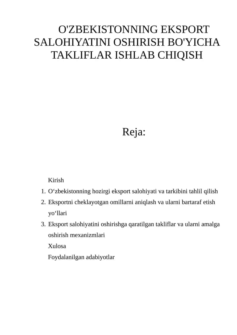 O'zbekistoning eksport salohiyatini oshirish bo'yicha takliflar ishlab chiqish 1