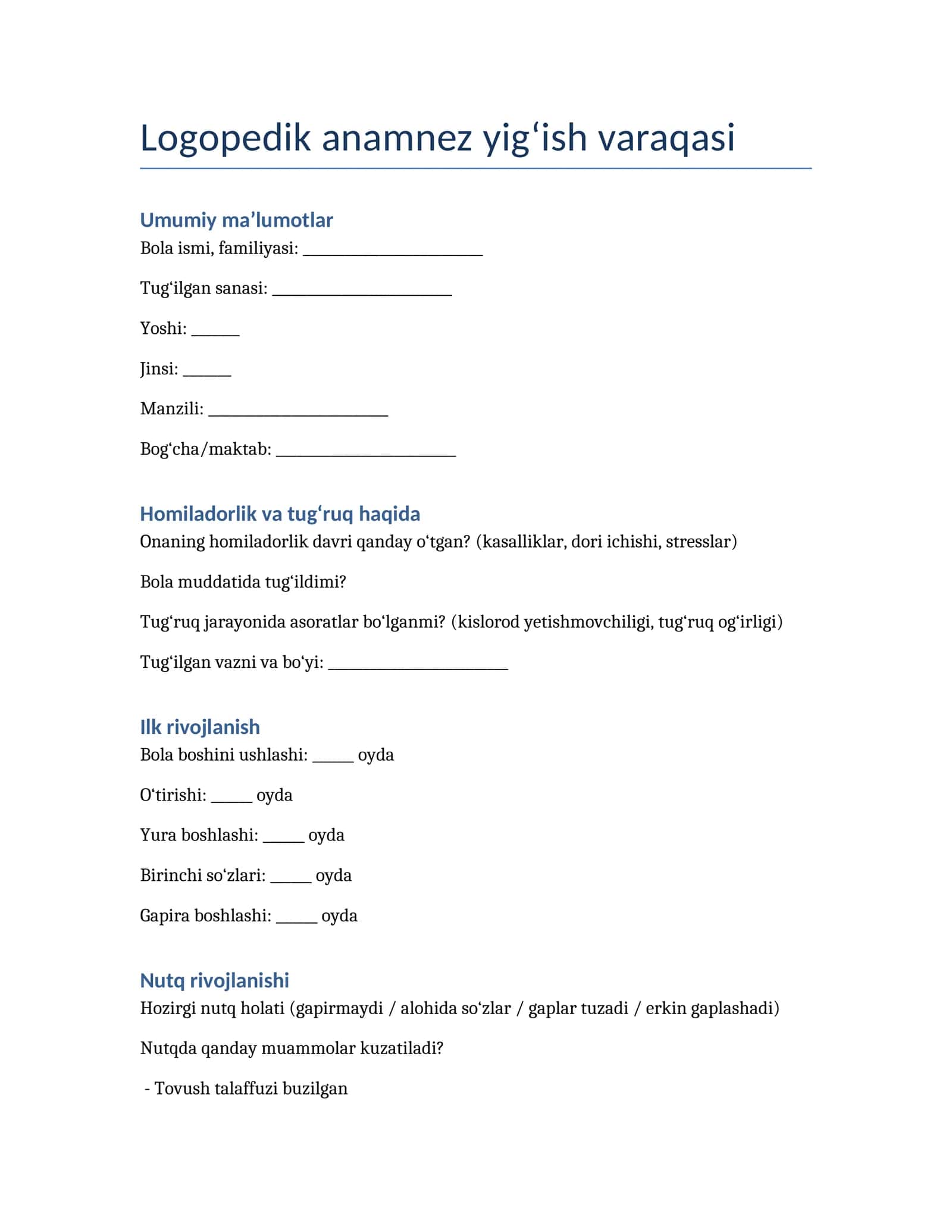 Logopedik anamnez yig‘ish varaqasi 1
