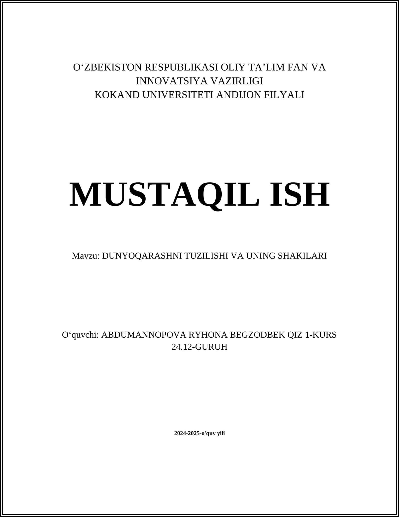 DUNYOQARASHNI TUZILISHI VA UNING SHAKILARI 1
