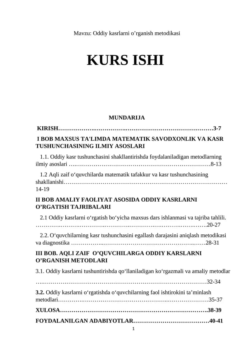 Oddiy kasrlarni o’rganish metodikasi 1
