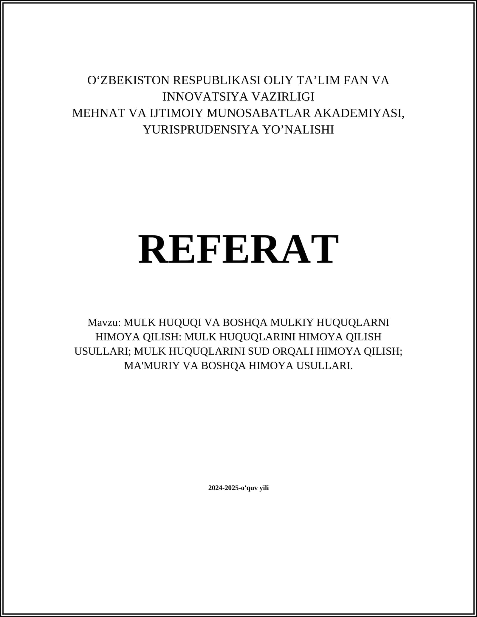 MULK HUQUQI VA BOSHQA MULKIY HUQUQLARNI HIMOYA QILISH 1