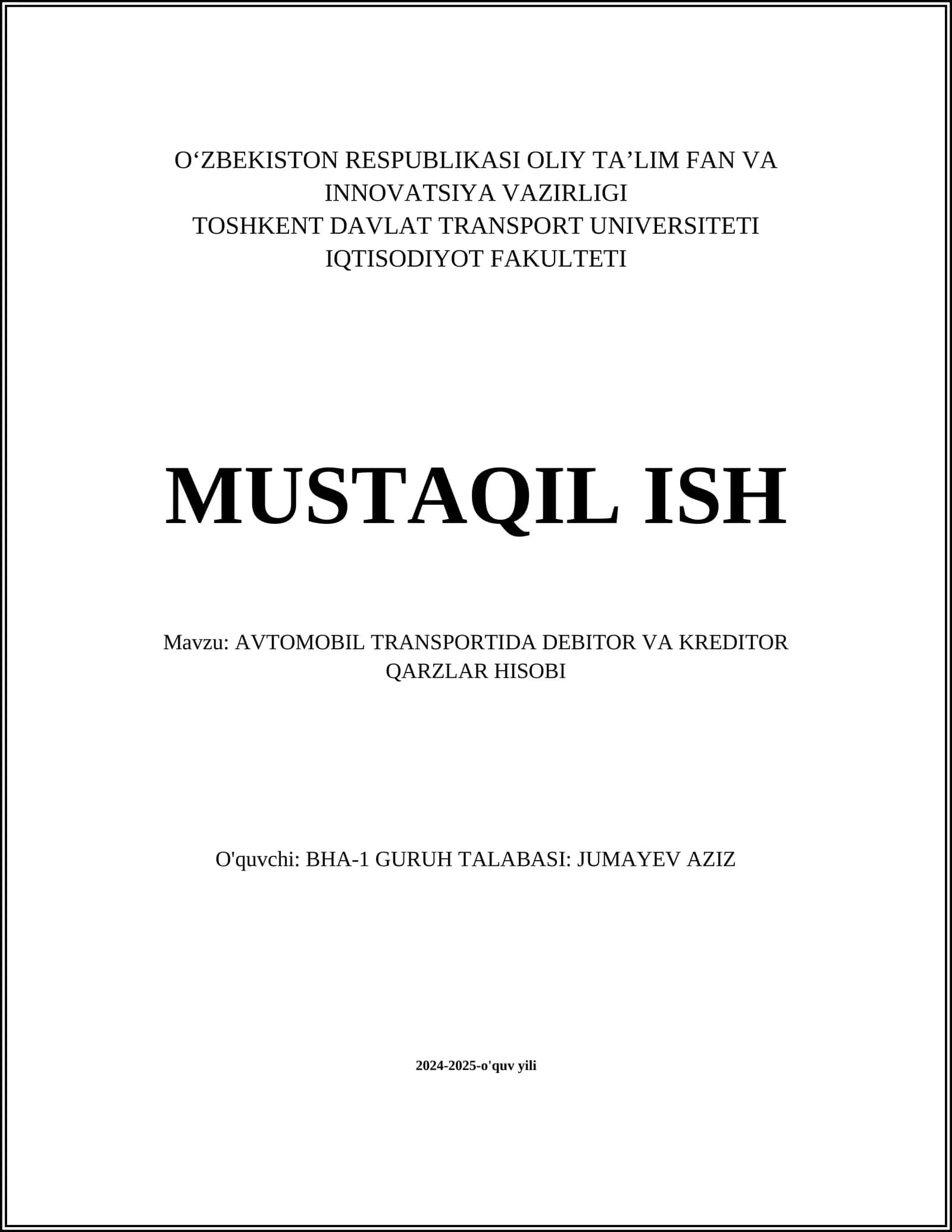 AVTOMOBIL TRANSPORTIDA DEBITOR VA KREDITOR QARZLAR HISOBI 1