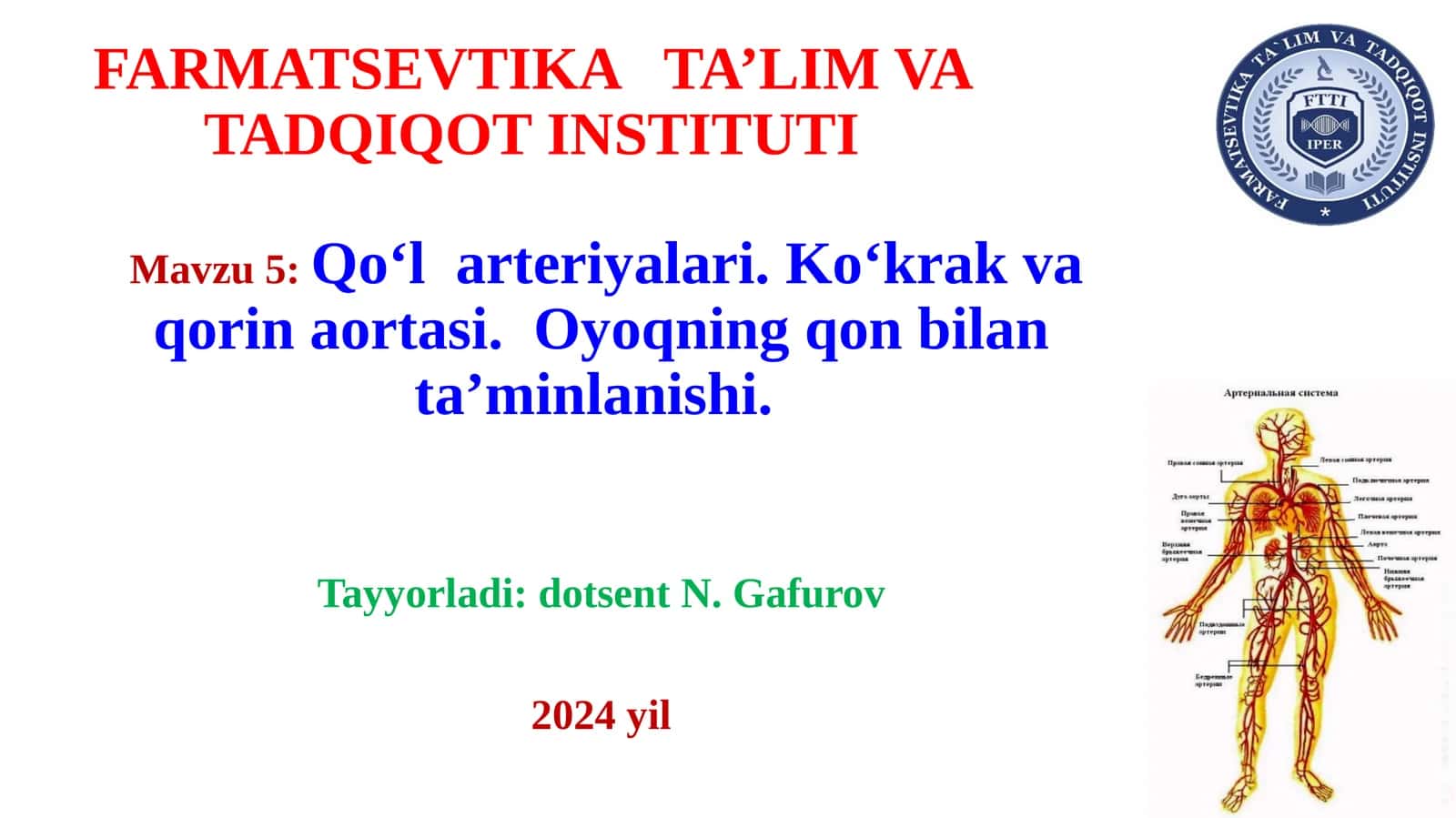 Qo‘l arteriyalari. Ko‘krak va qorin aortasi. Oyoqning qon bilan ta’minlanishi 1