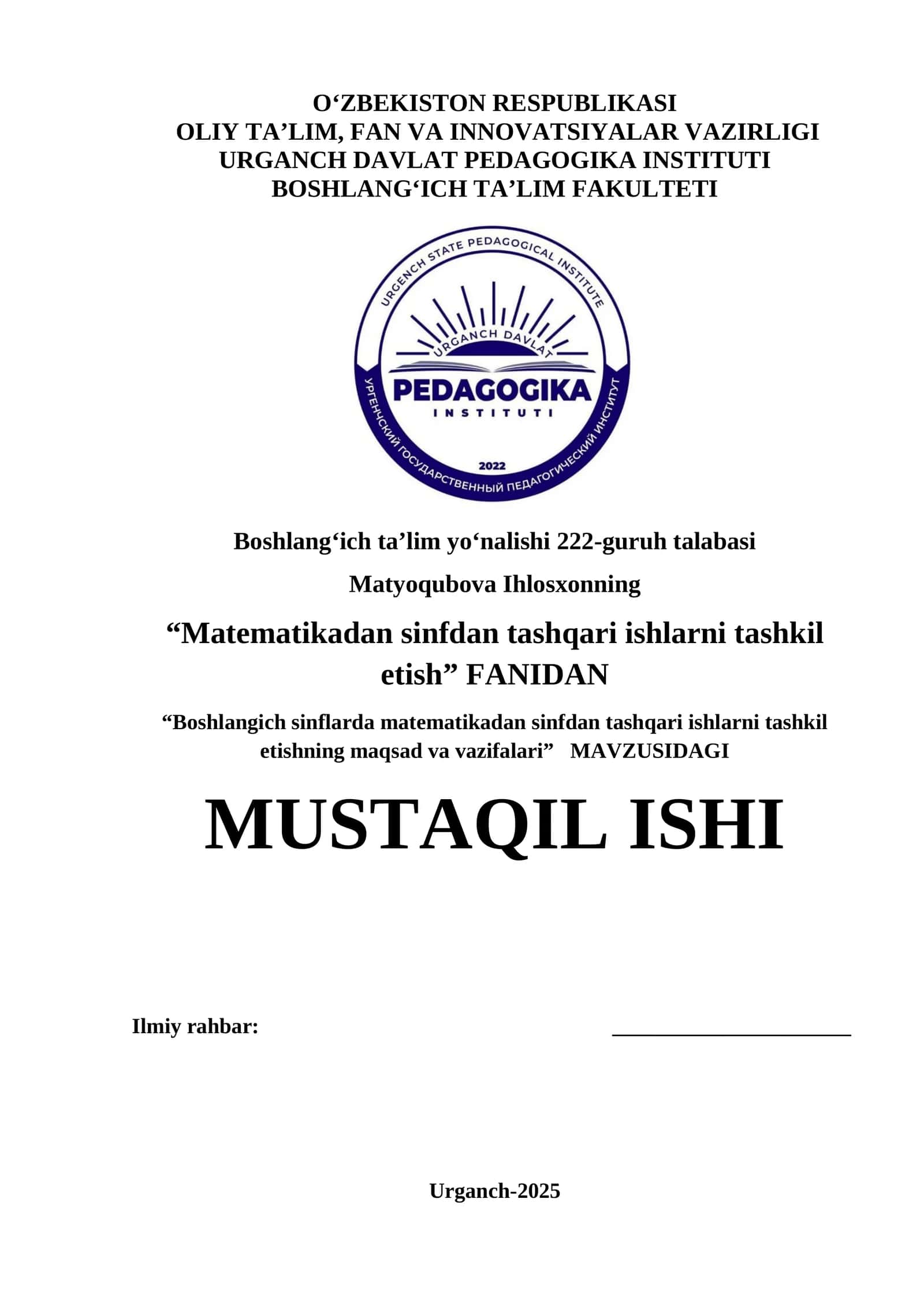 Boshlangich sinflarda matematikadan sinfdan tashqari ishlarni tashkil etishning maqsad va vazifalari 1