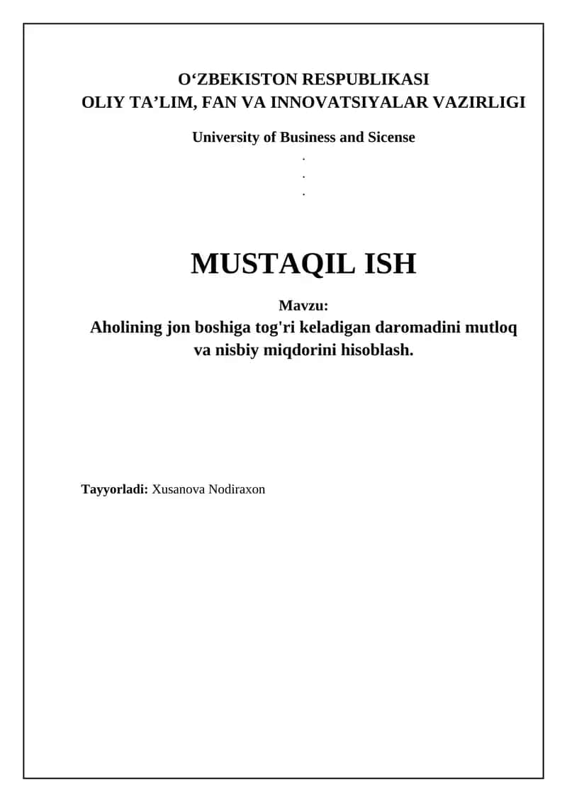 Aholi jon boshiga daromad: Mutlaq va nisbiy ko'rsatkichlar 1