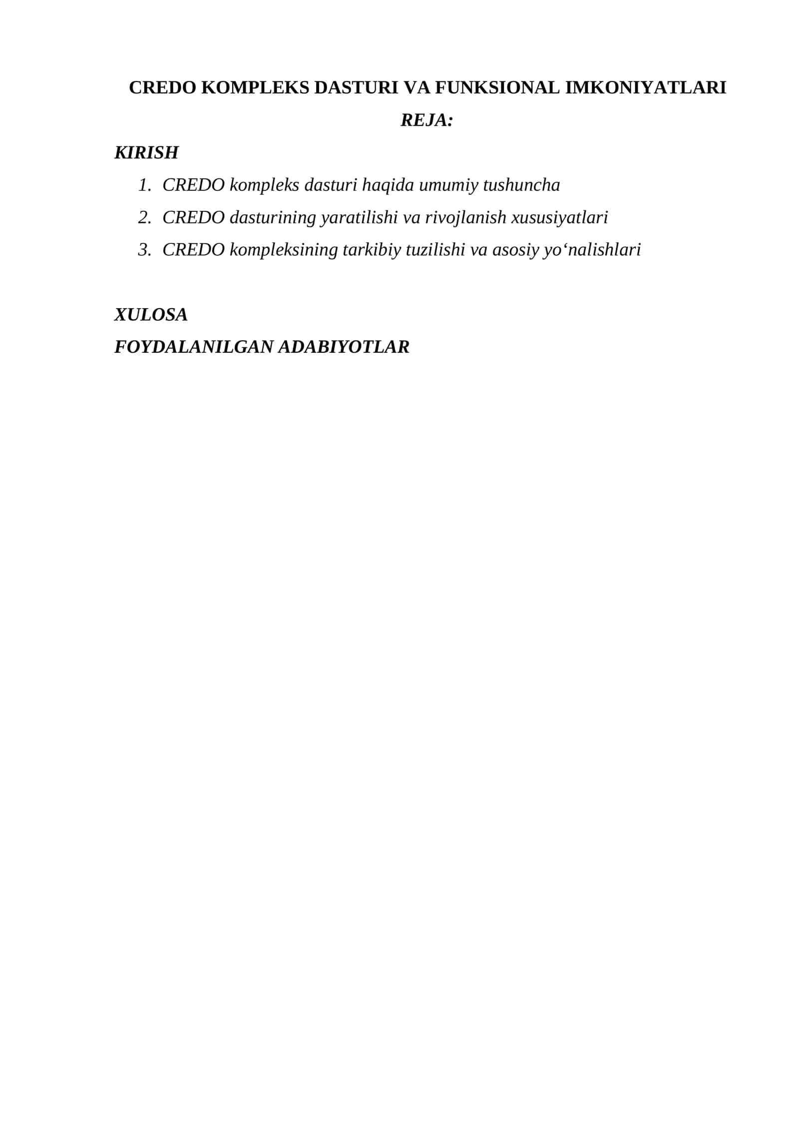 CREDO KOMPLEKS DASTURI VA FUNKSIONAL IMKONIYATLARI 1