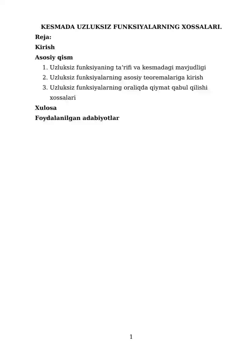 Kesmada Uzluksiz Funksiyalarning Xossalari 1