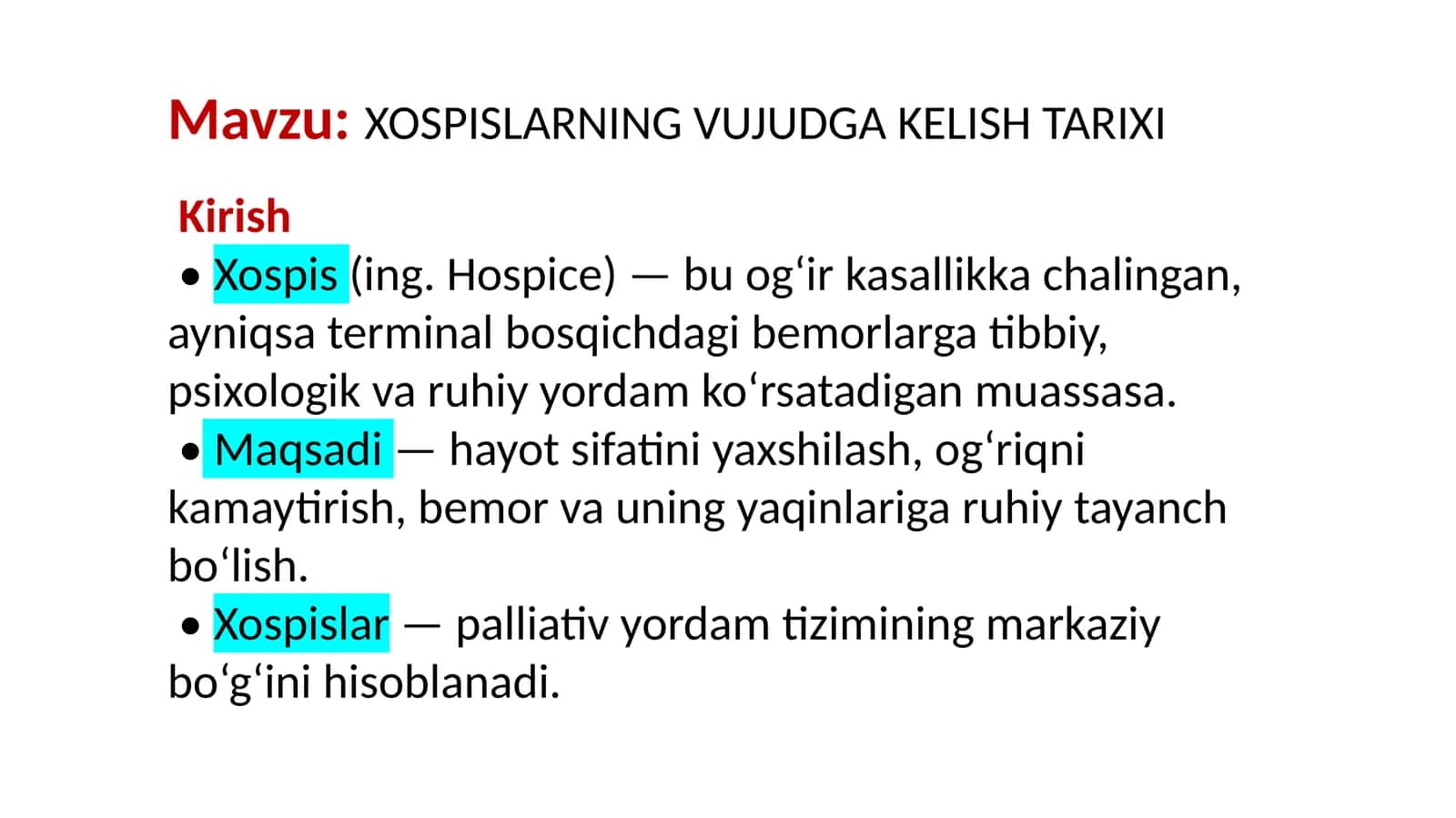 XOSPISLARNING VUJUDGA KELISH TARIXI 1
